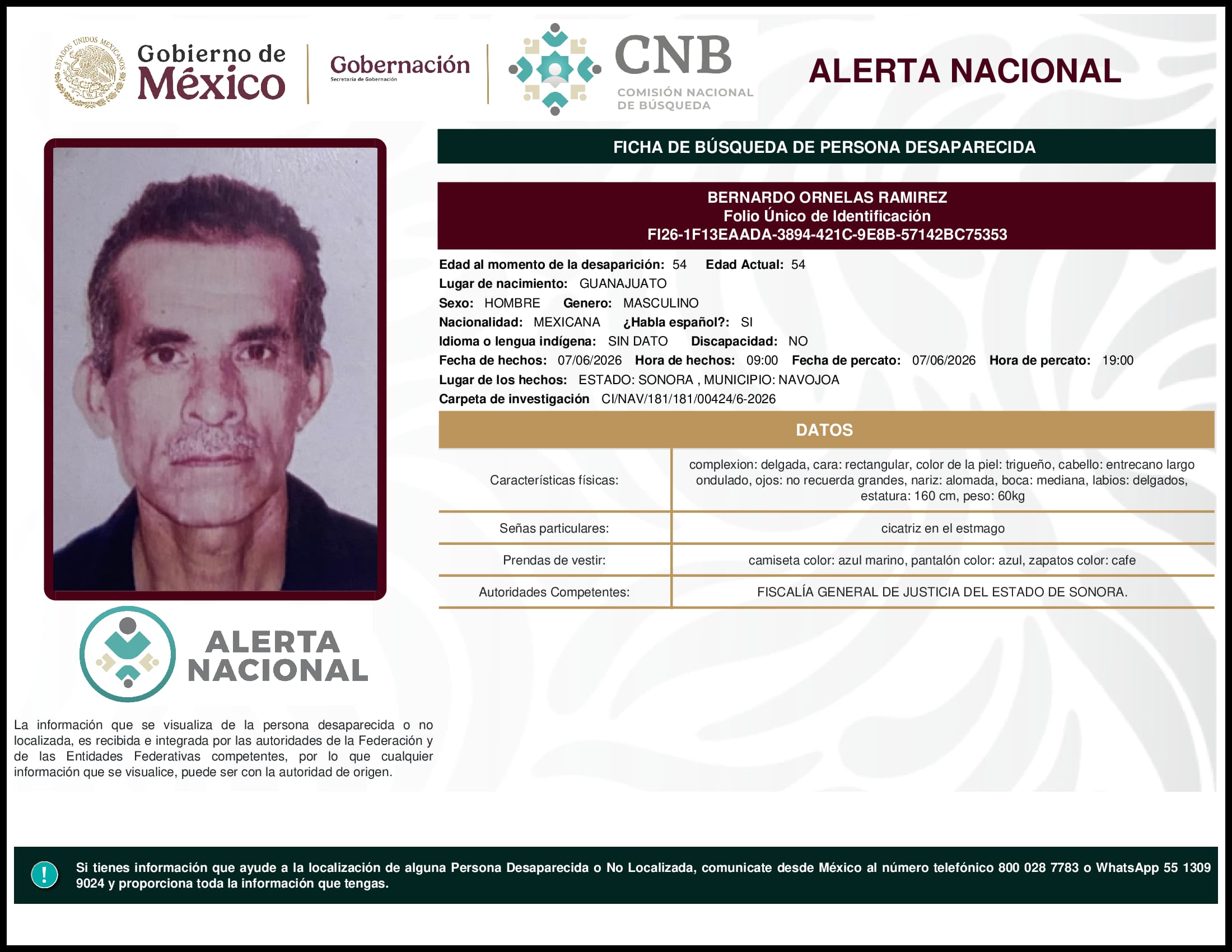 Persona desaparecida Bernardo Ornelas Ramirez