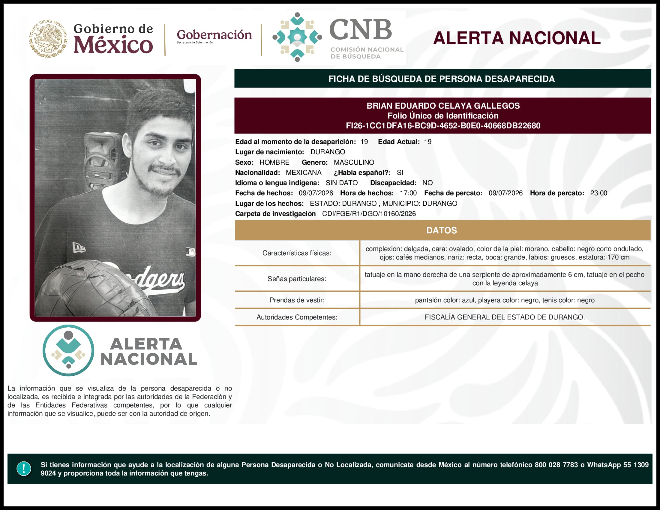 Persona desaparecida Brian Eduardo Celaya Gallegos