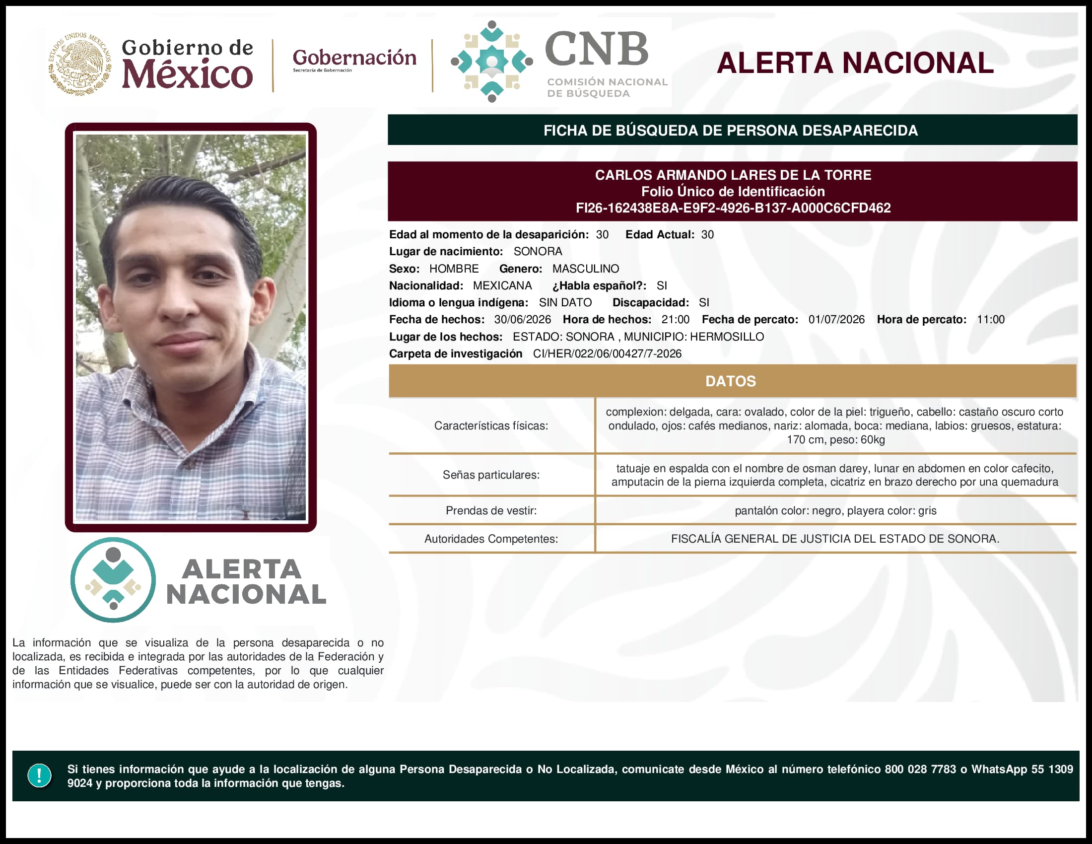 Persona desaparecida Carlos Armando Lares De La Torre