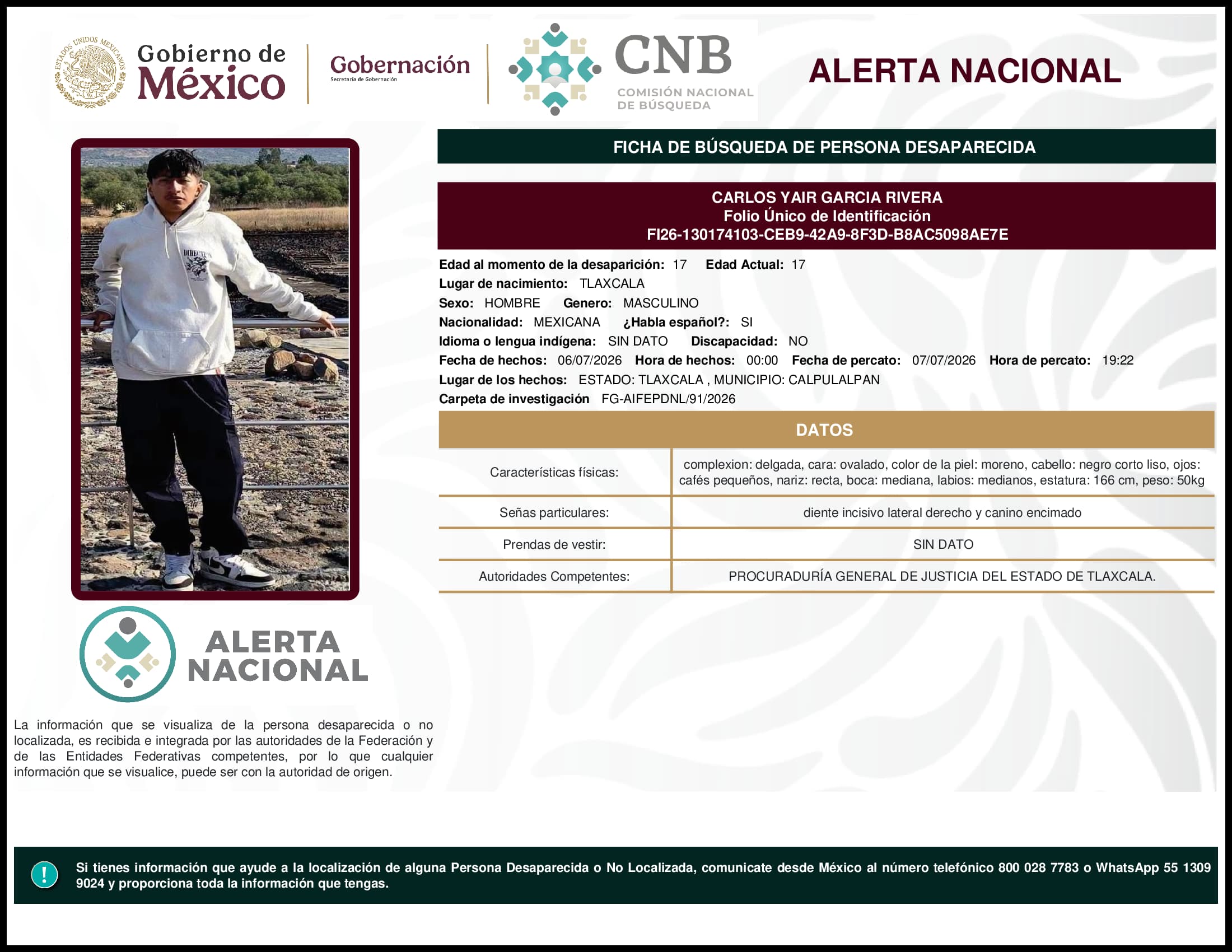 Persona desaparecida Carlos Yair Garcia Rivera