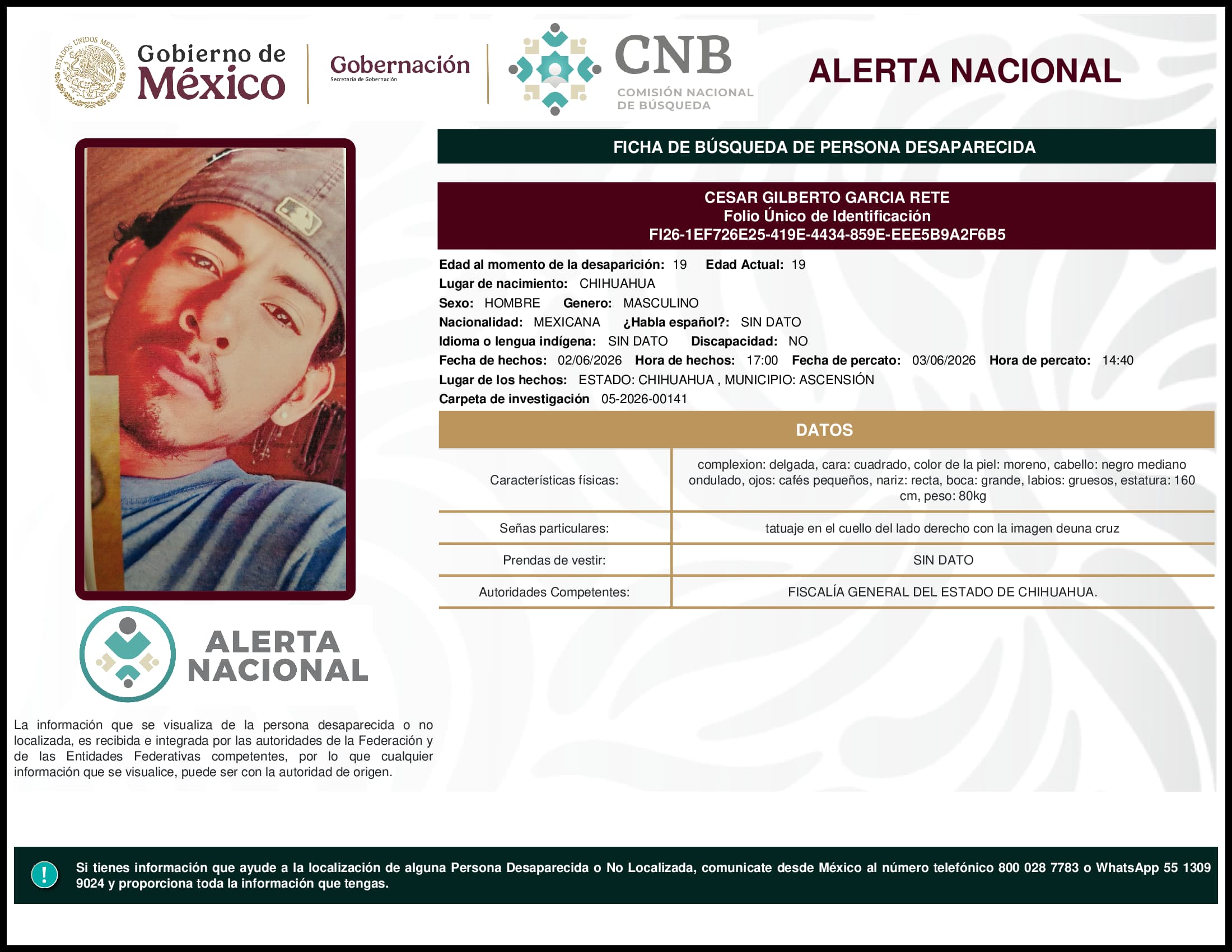 Persona desaparecida Cesar Gilberto Garcia Rete