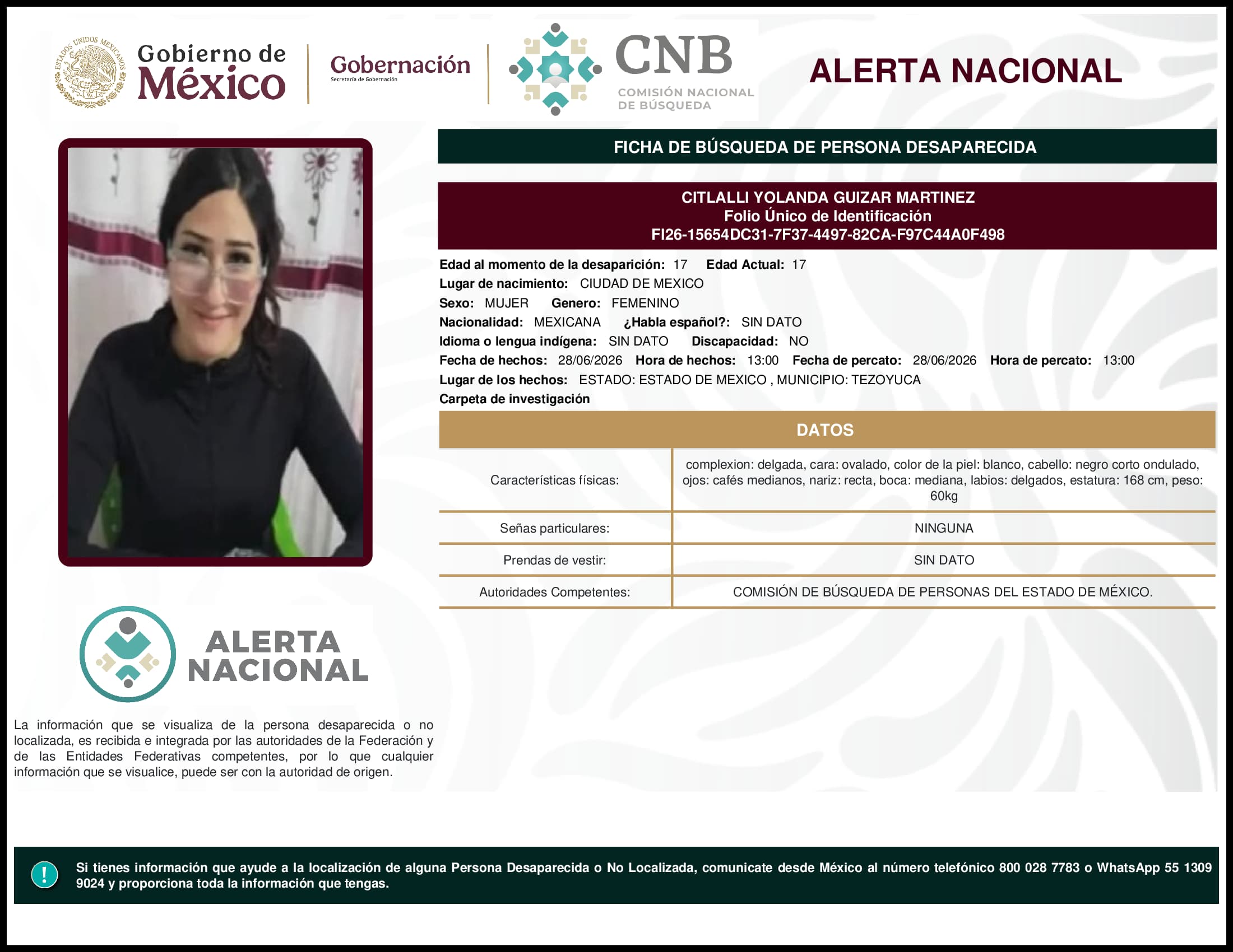 Persona desaparecida Citlalli Yolanda Guizar Martinez