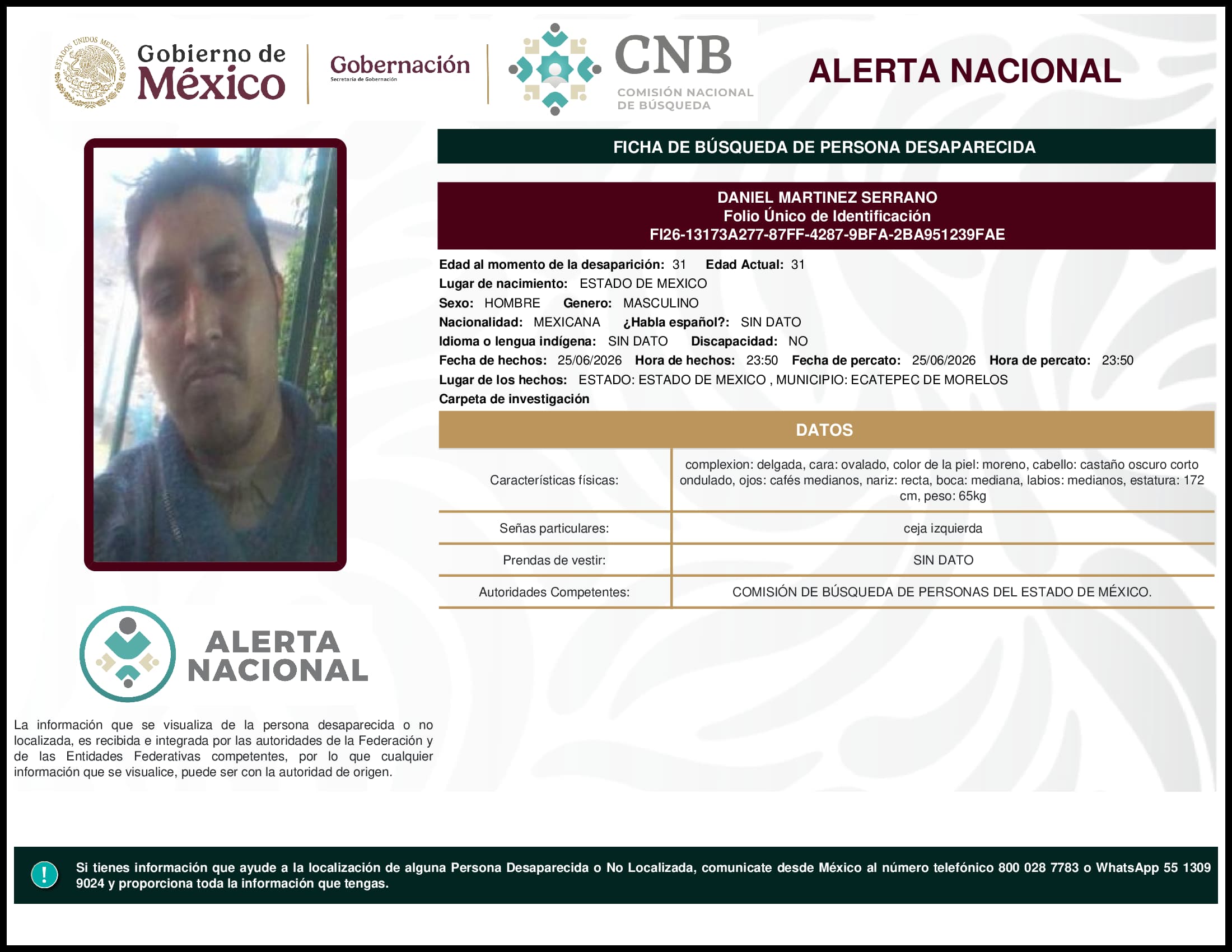 Persona desaparecida Daniel Martinez Serrano