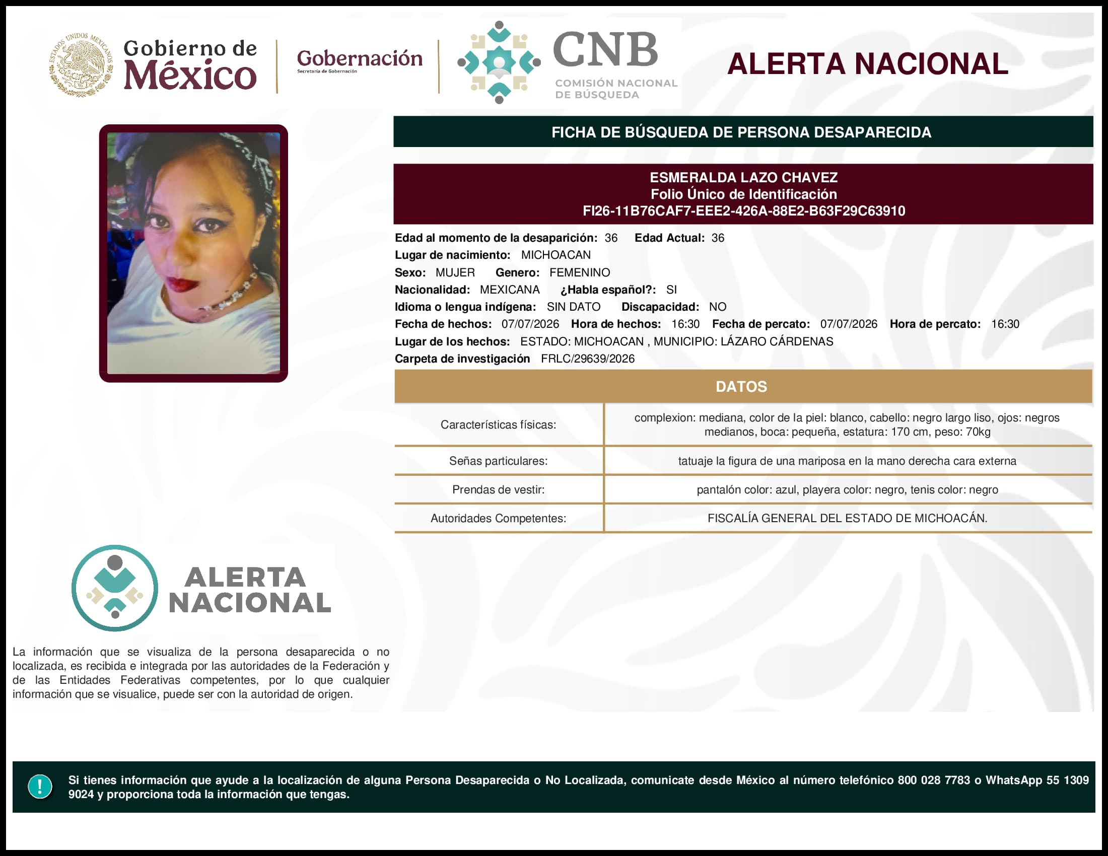 Persona desaparecida Esmeralda Lazo Chavez