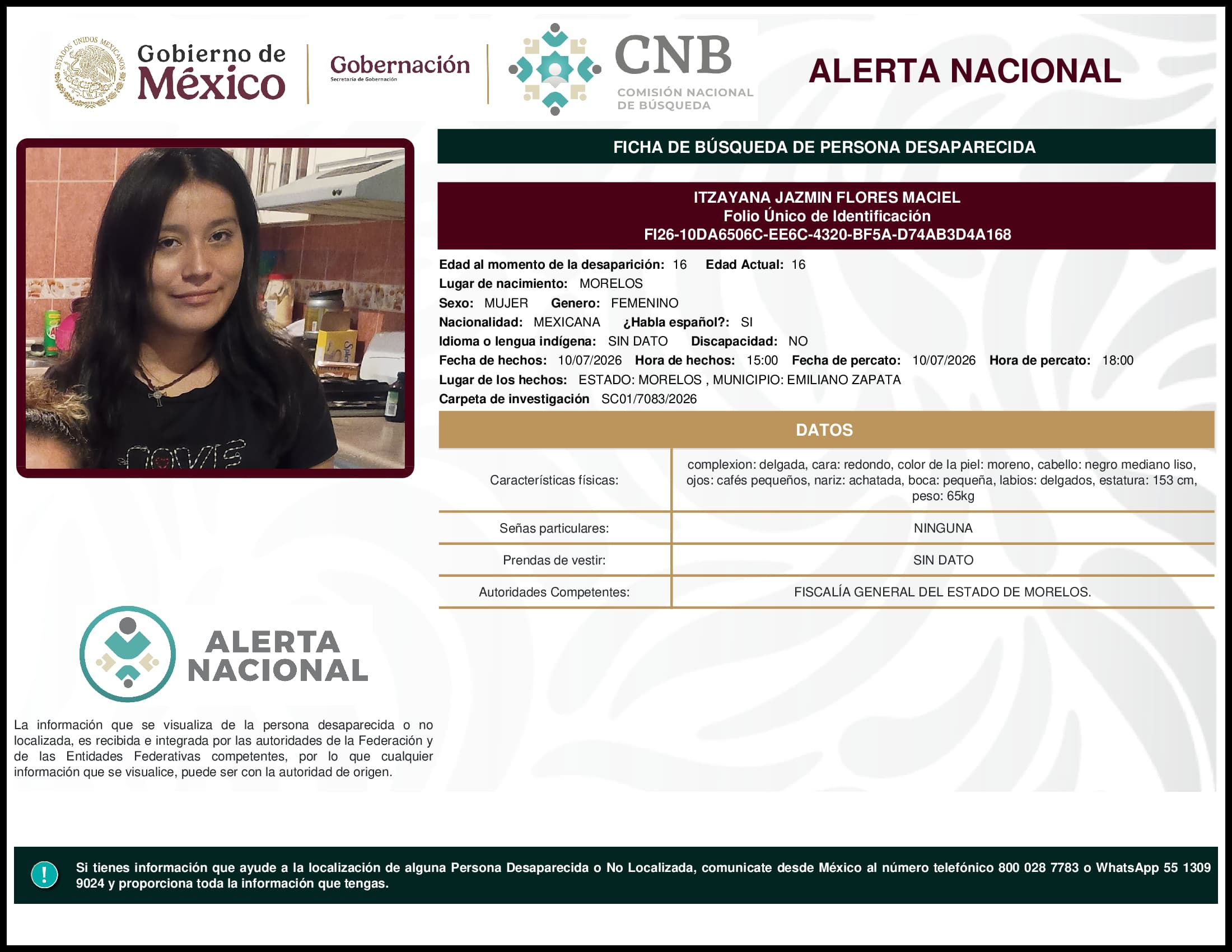Persona desaparecida Itzayana Jazmin Flores Maciel