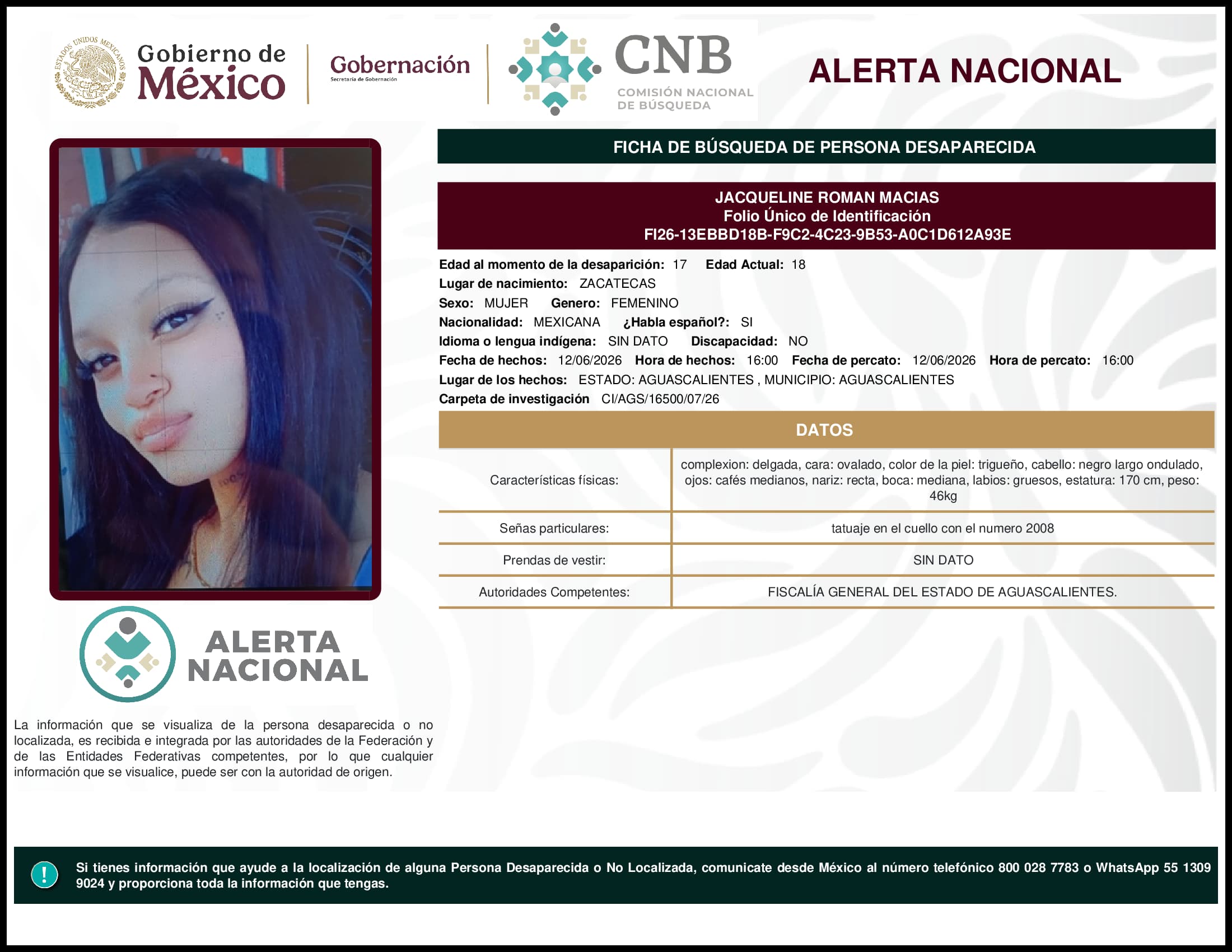 Persona desaparecida Jacqueline Roman Macias