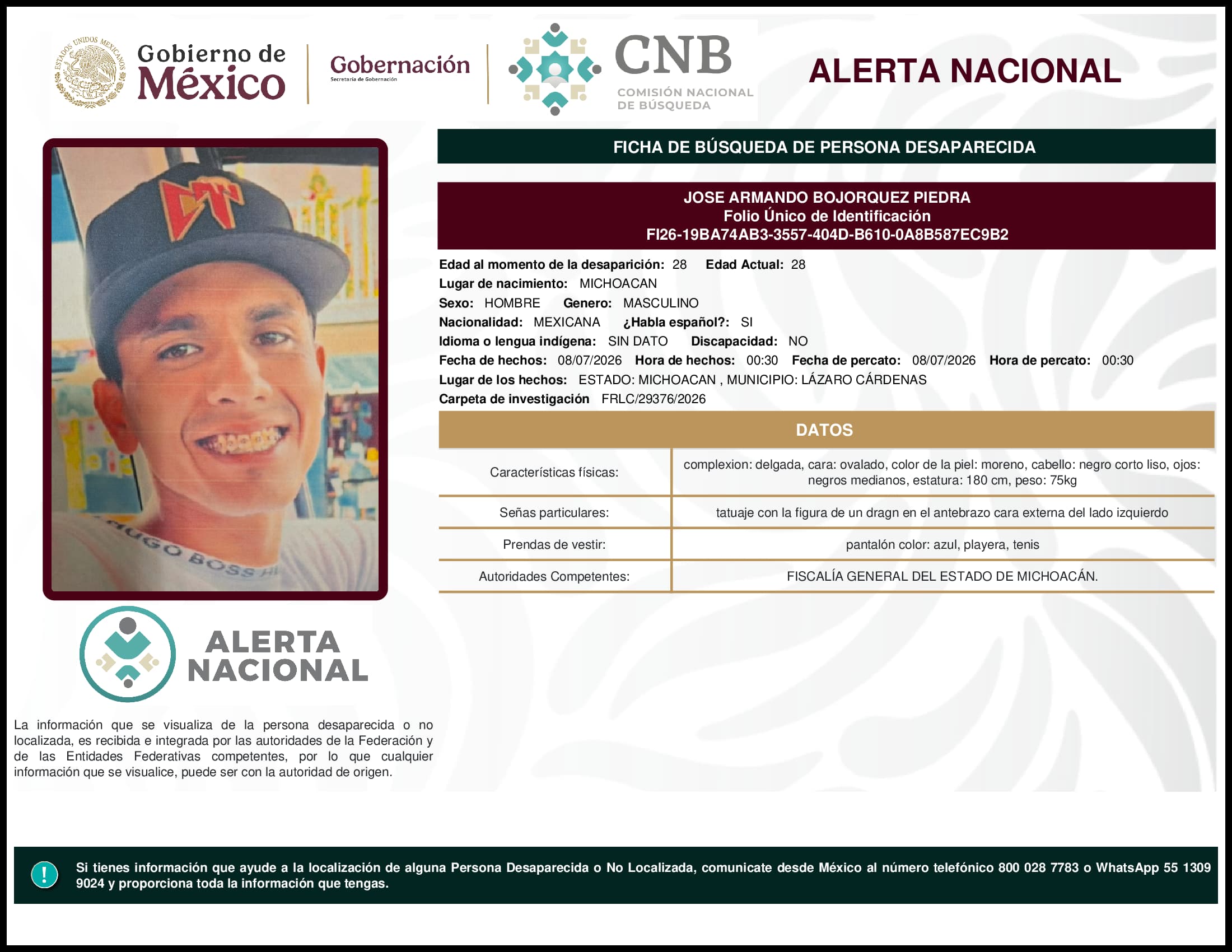 Persona desaparecida Jose Armando Bojorquez Piedra
