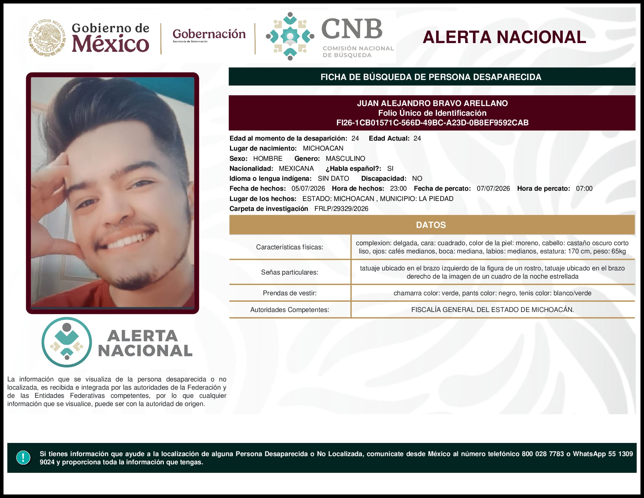 Persona desaparecida Juan Alejandro Bravo Arellano
