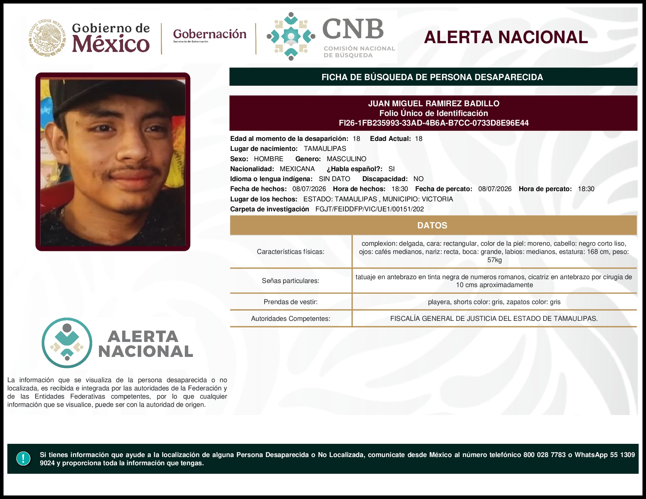 Persona desaparecida Juan Miguel Ramirez Badillo