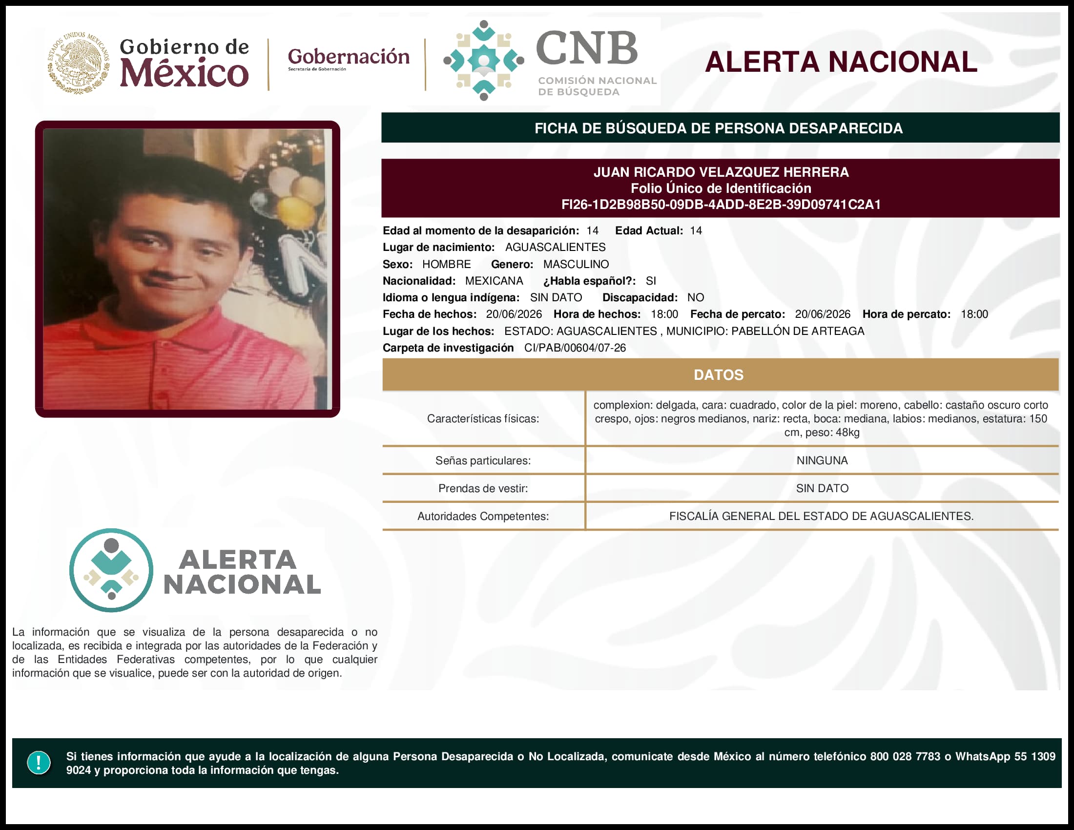 Persona desaparecida Juan Ricardo Velazquez Herrera