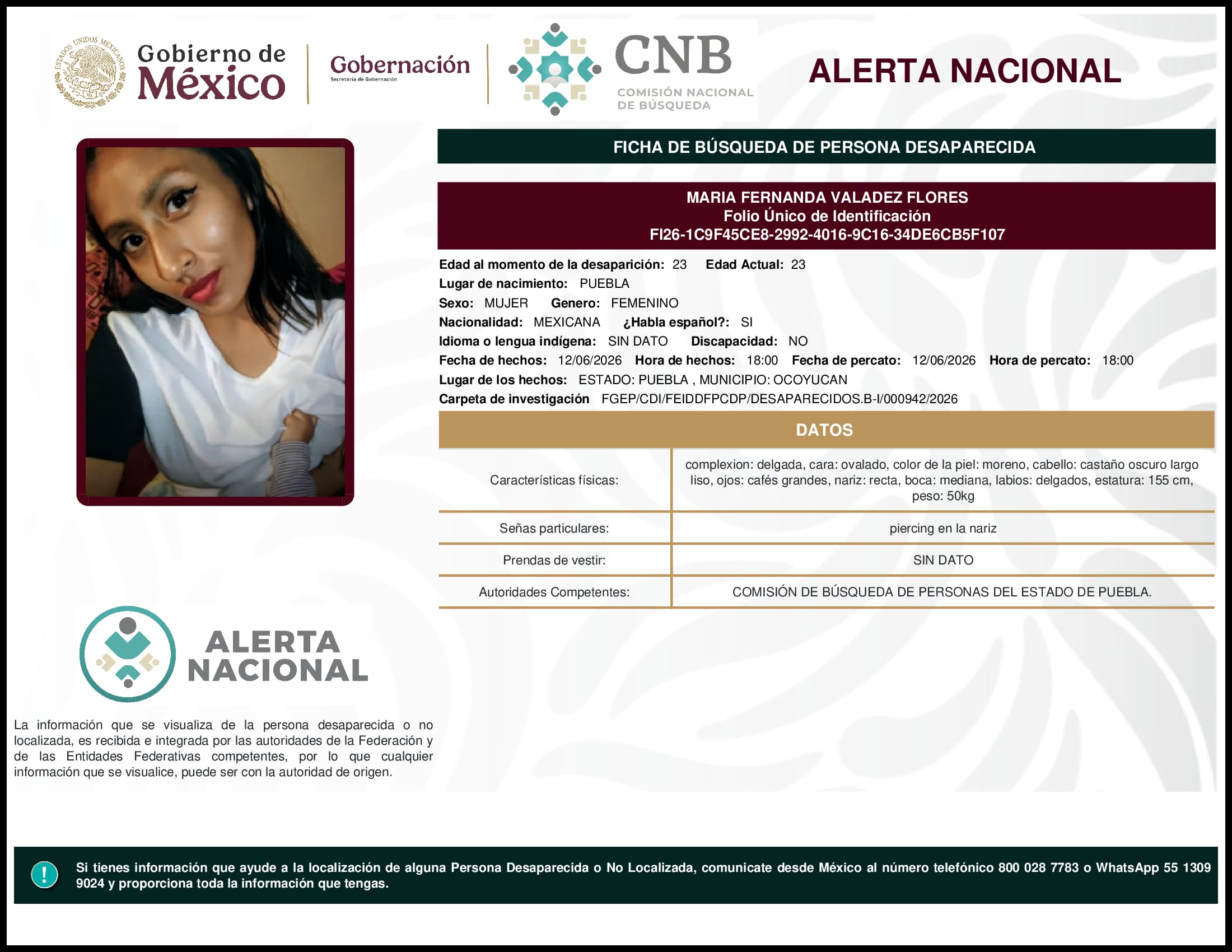 Persona desaparecida Maria Fernanda Valadez Flores