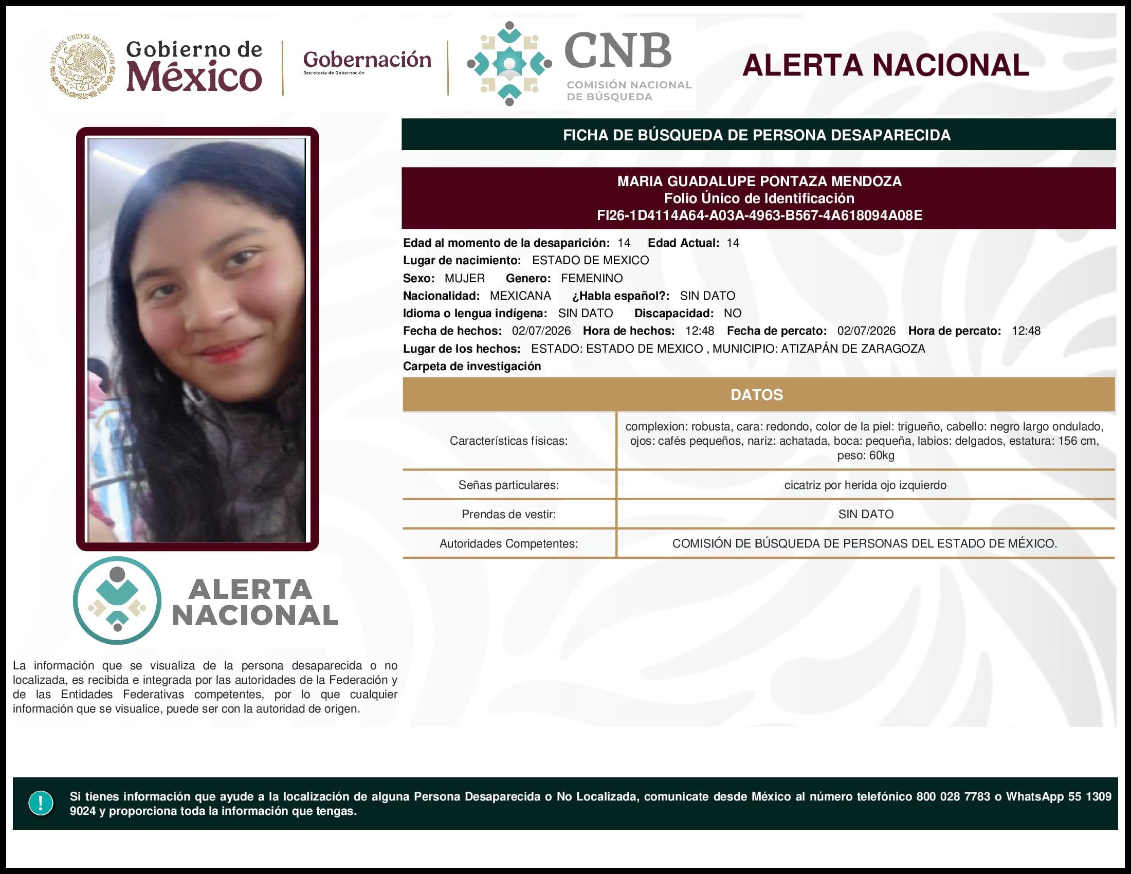 Persona desaparecida Maria Guadalupe Pontaza Mendoza