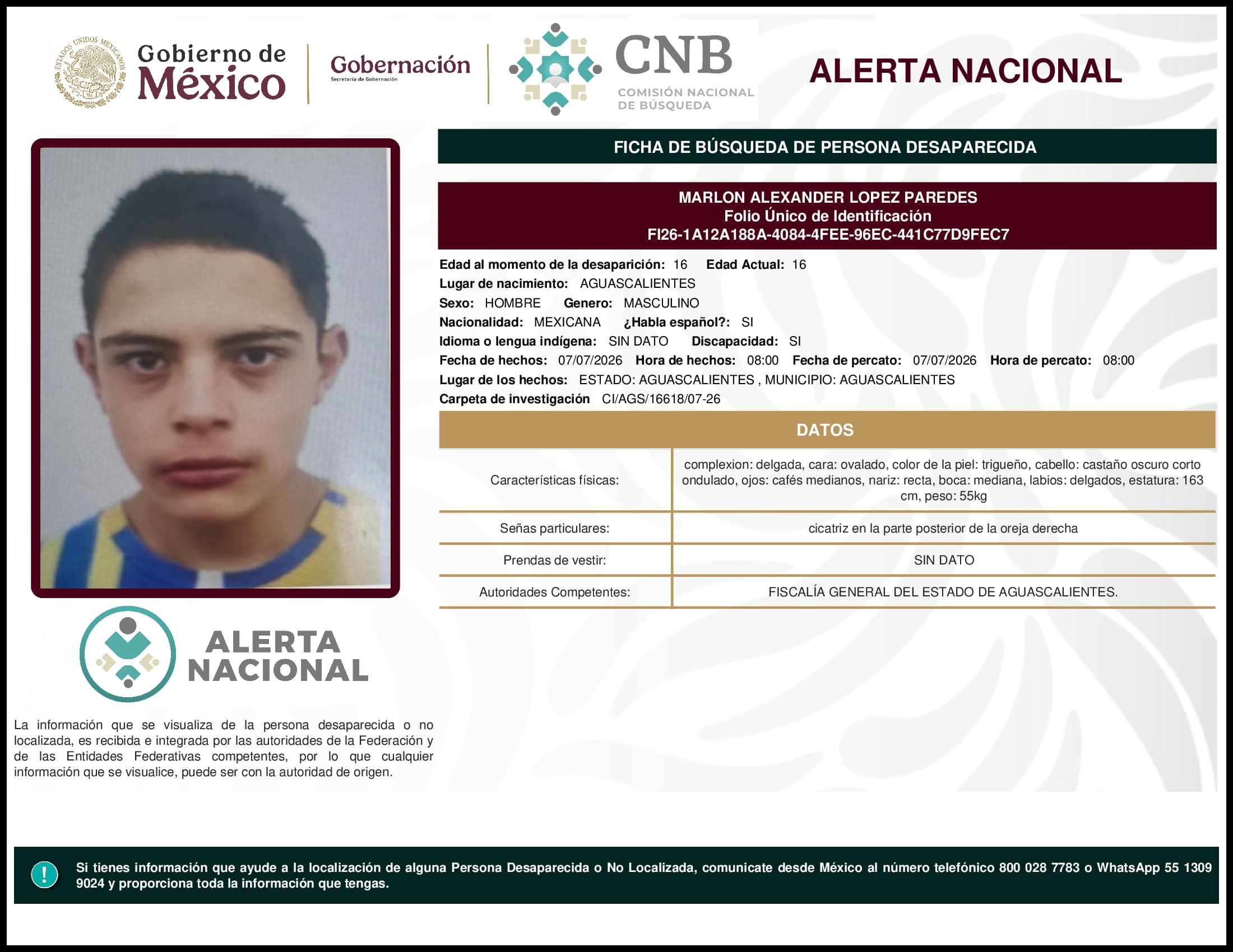 Persona desaparecida Marlon Alexander Lopez Paredes