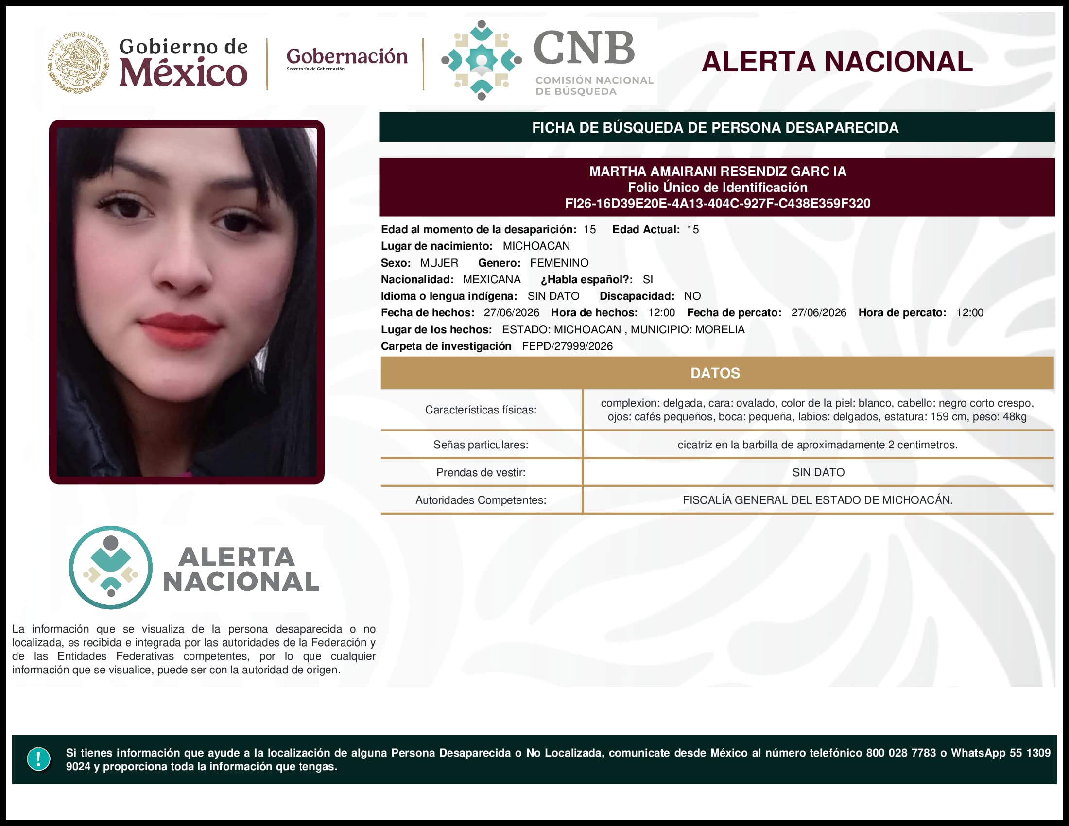 Persona desaparecida Martha Amairani Resendiz Garc Ia