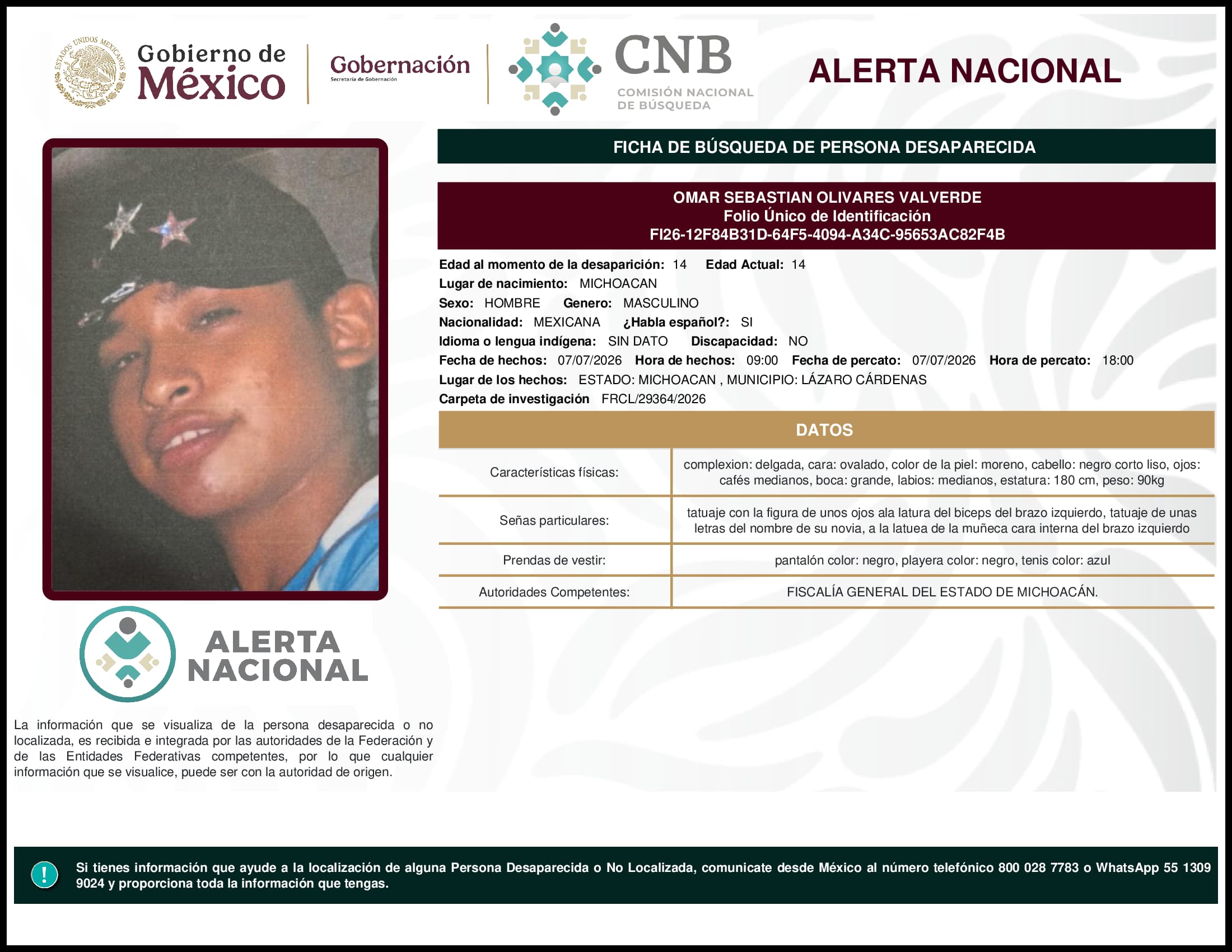 Persona desaparecida Omar Sebastian Olivares Valverde