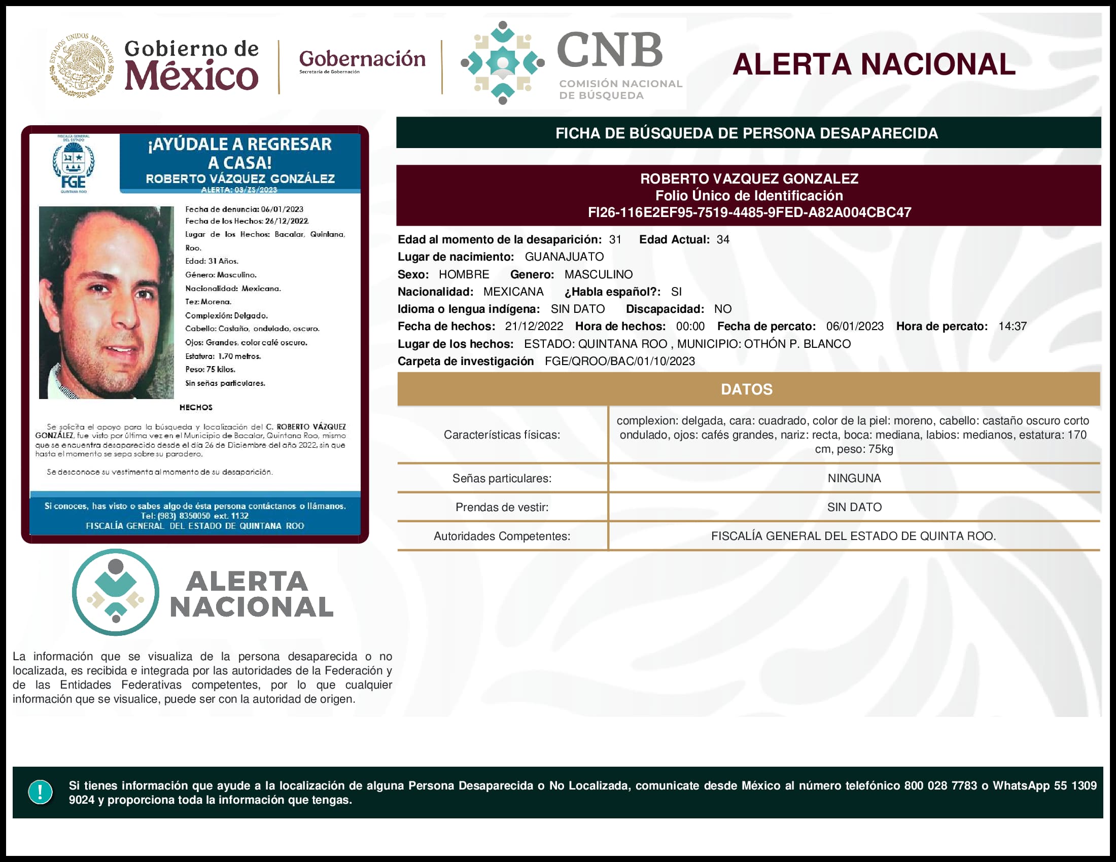 Persona desaparecida Roberto Vazquez Gonzalez