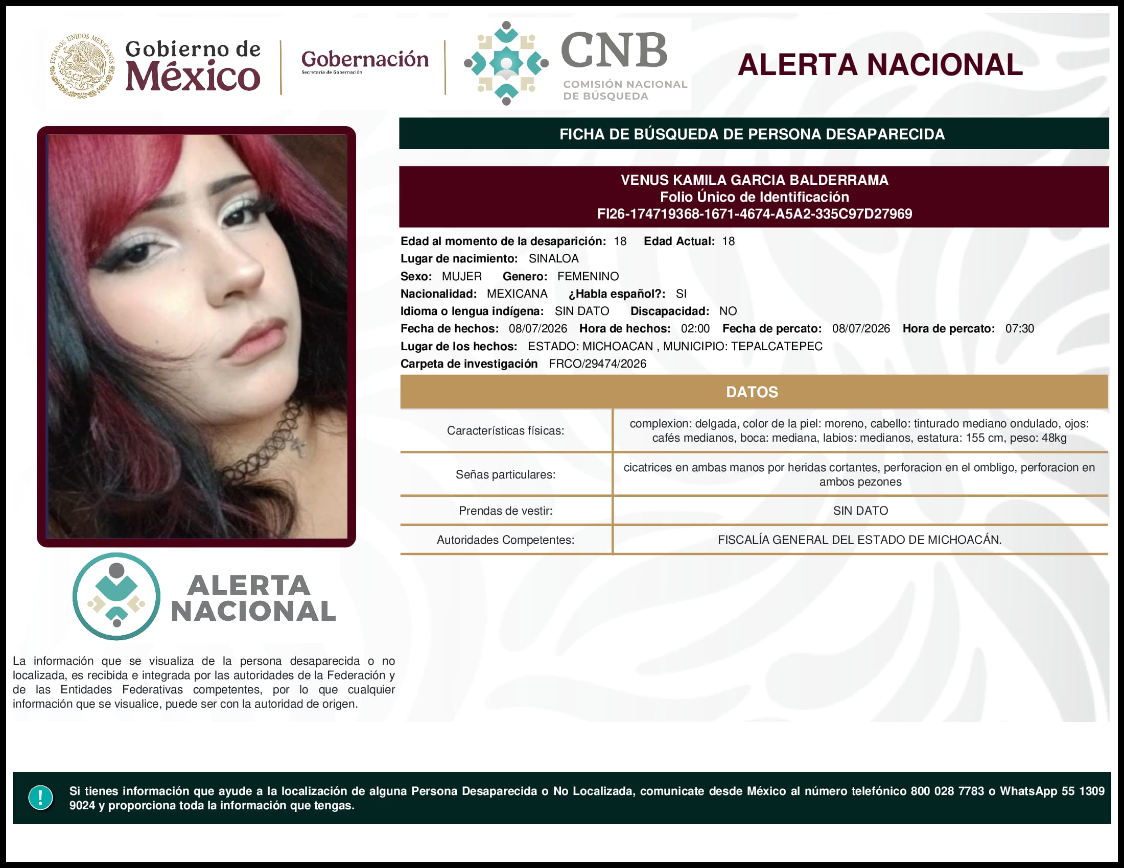 Persona desaparecida Venus Kamila Garcia Balderrama
