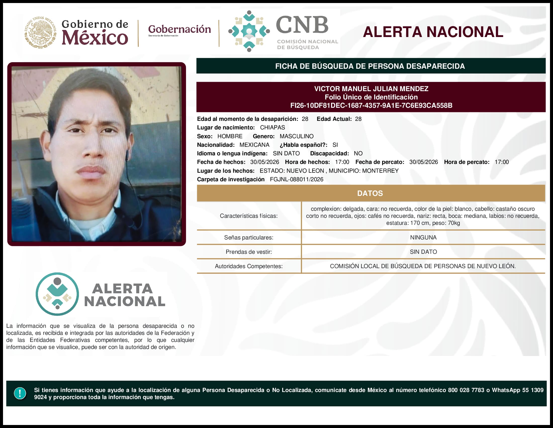 Persona desaparecida Victor Manuel Julian Mendez