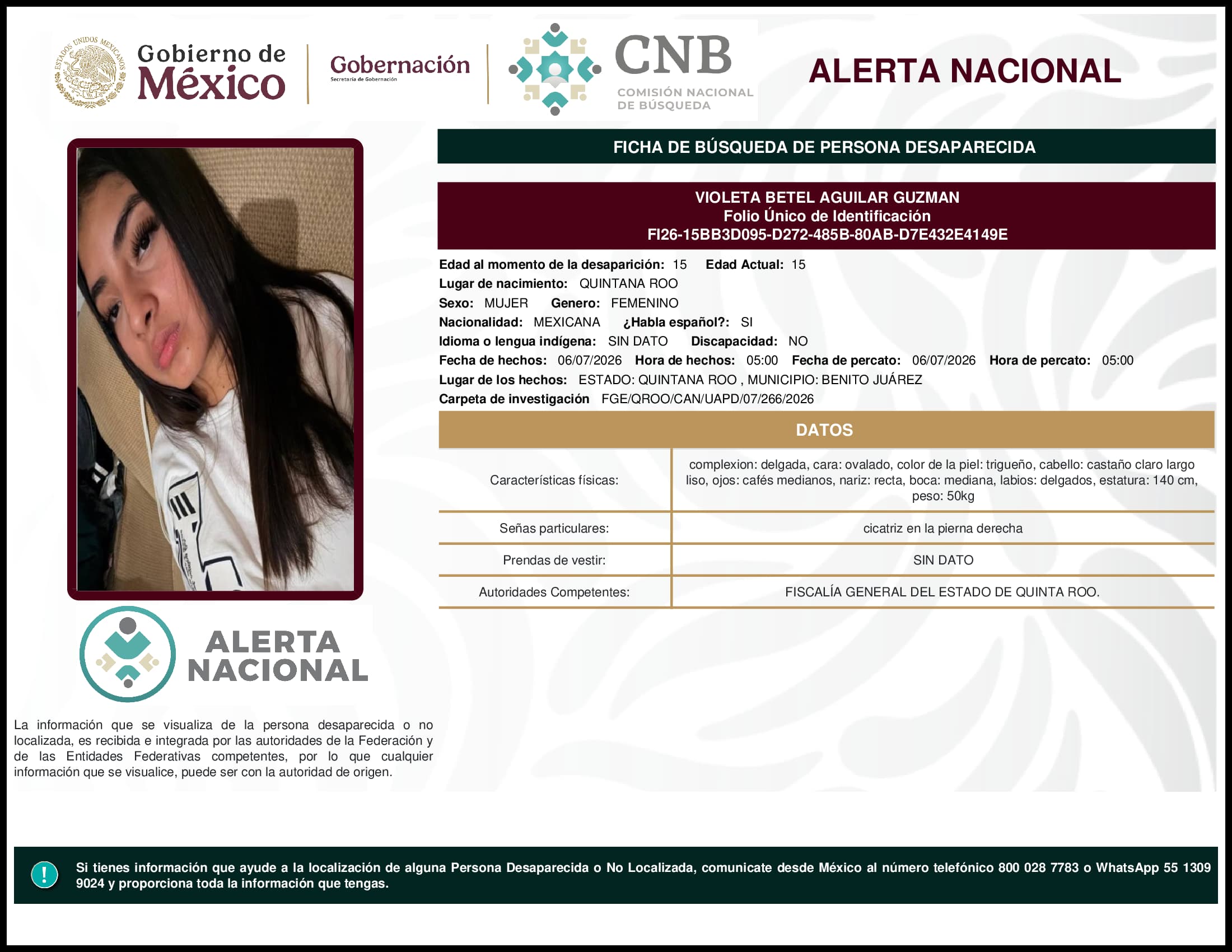 Persona desaparecida Violeta Betel Aguilar Guzman