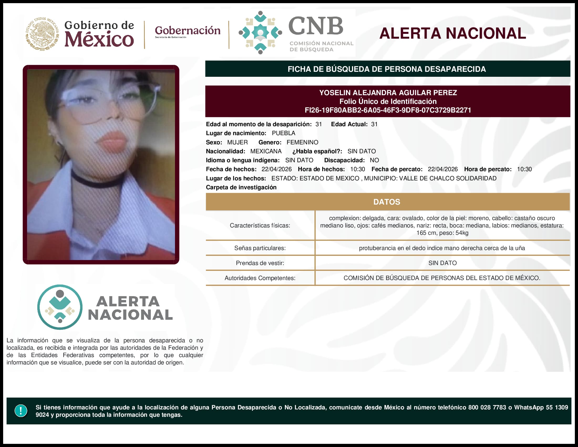 Persona desaparecida Yoselin Alejandra Aguilar Perez