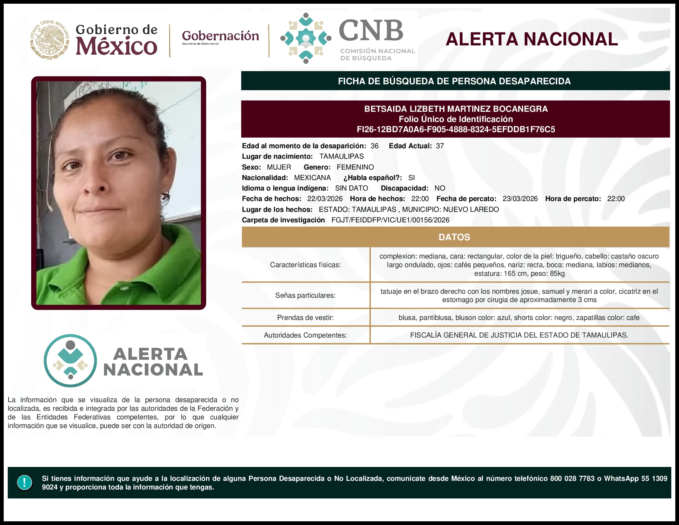Persona desaparecida Betsaida Lizbeth Martinez Bocanegra