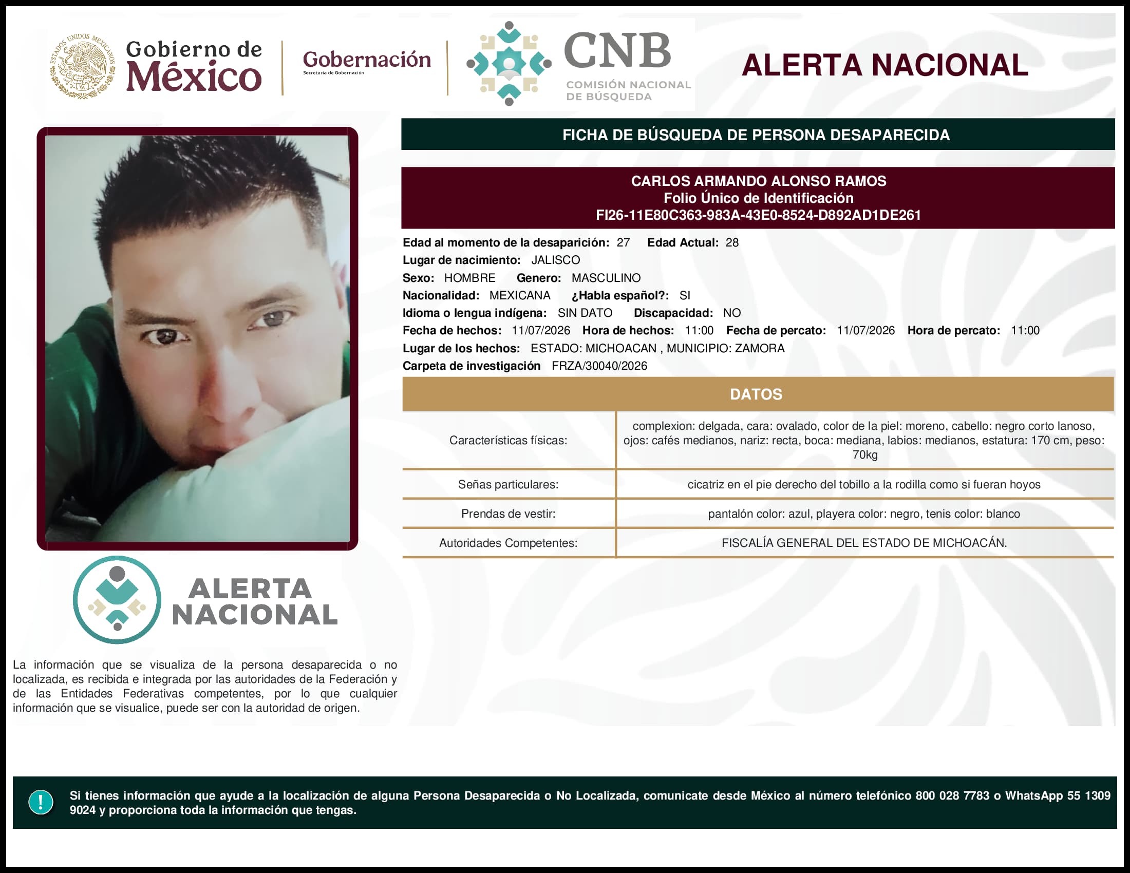 Persona desaparecida Carlos Armando Alonso Ramos
