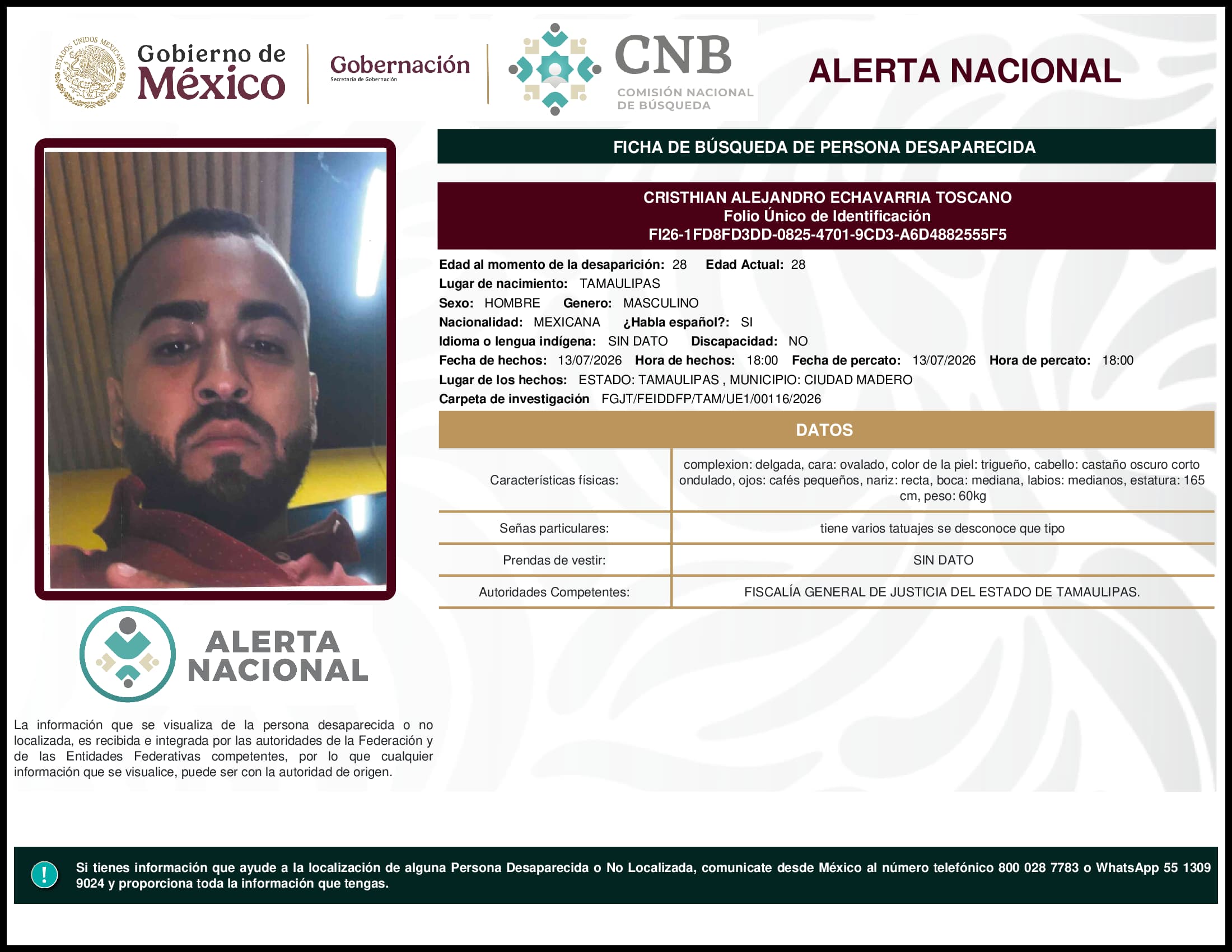 Persona desaparecida Cristhian Alejandro Echavarria Toscano