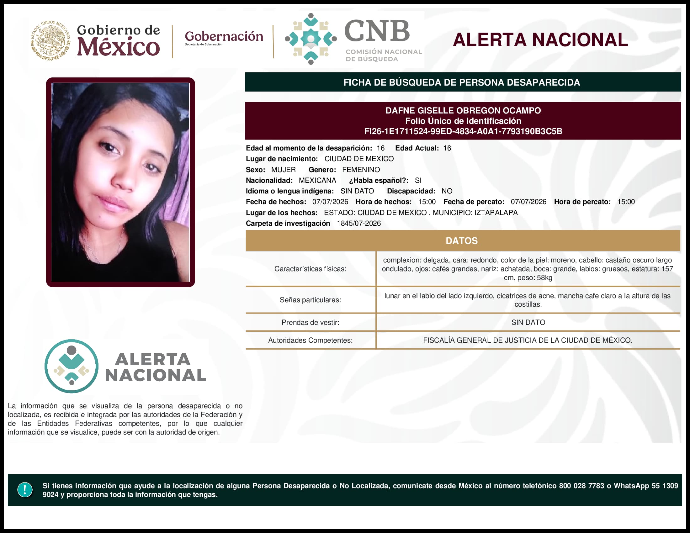 Persona desaparecida Dafne Giselle Obregon Ocampo