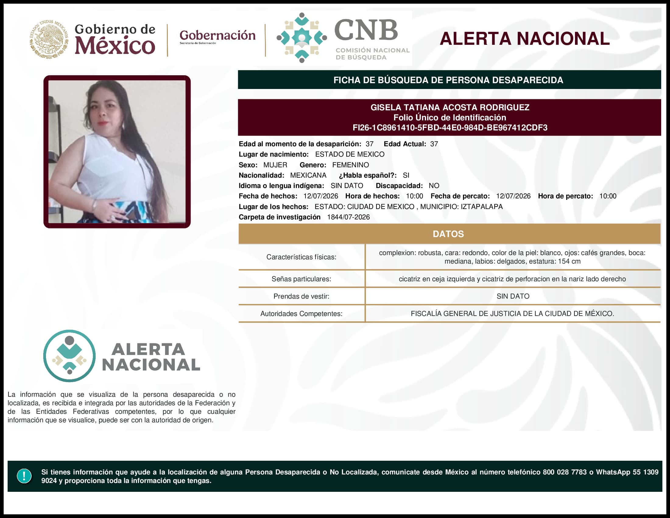 Persona desaparecida Gisela Tatiana Acosta Rodriguez