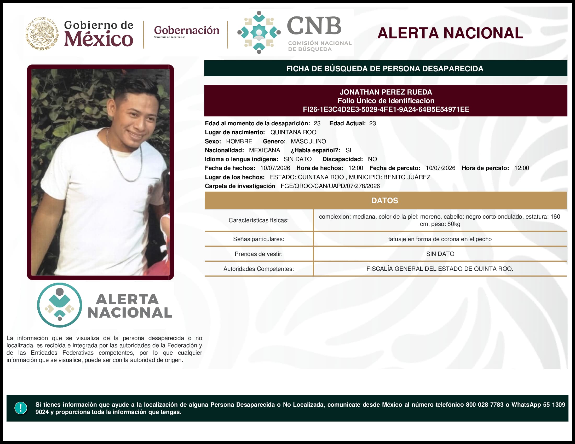 Persona desaparecida Jonathan Perez Rueda
