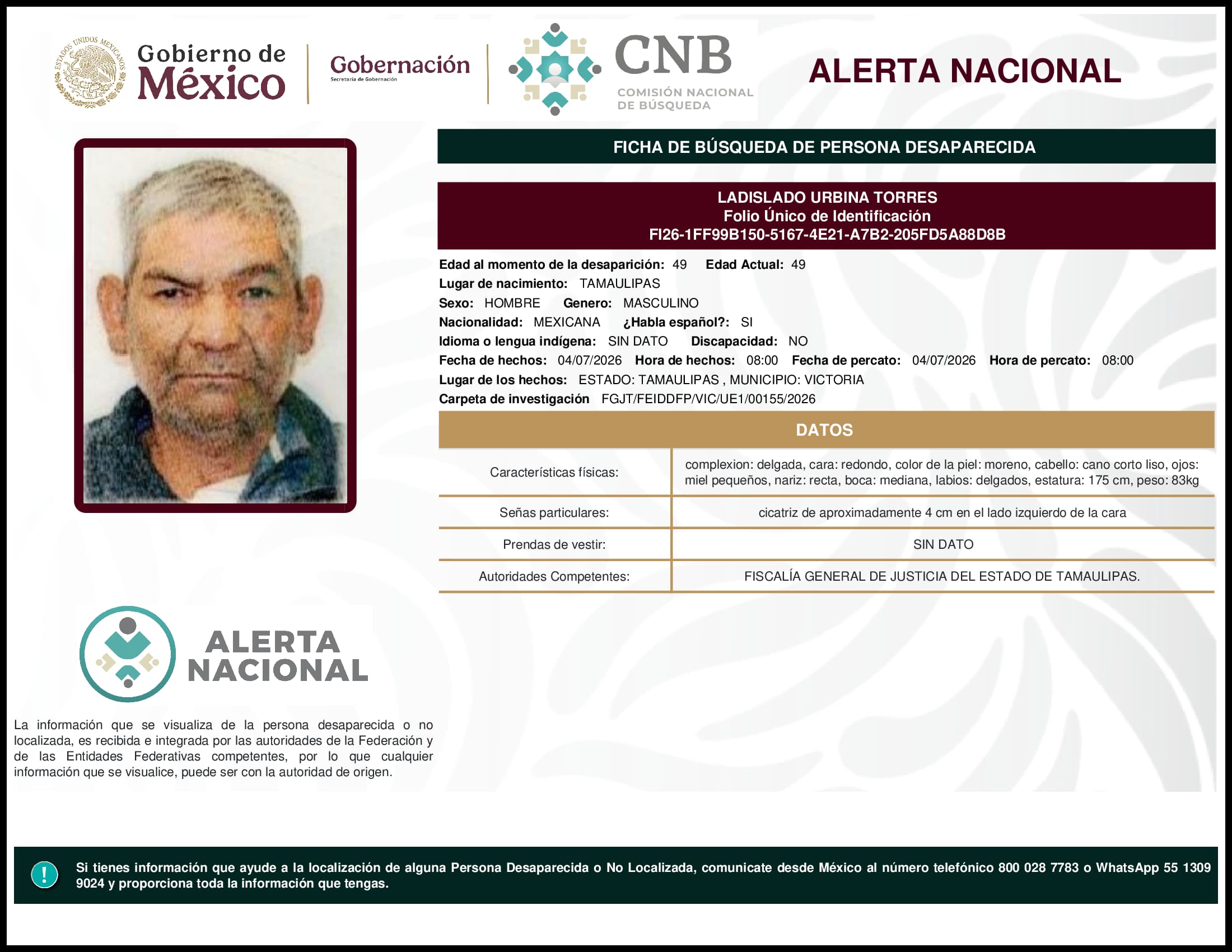 Persona desaparecida Ladislado Urbina Torres