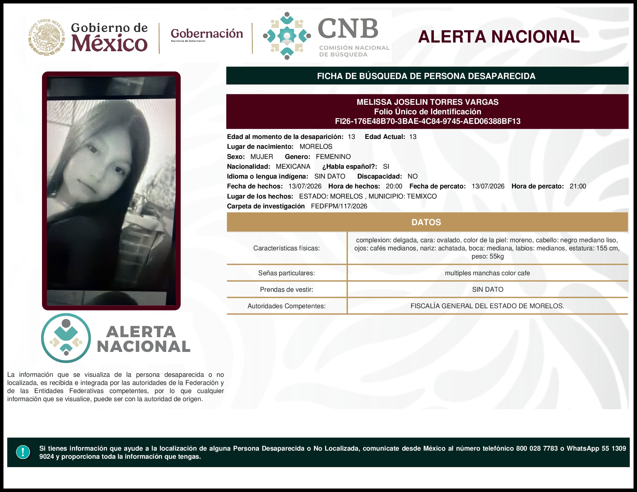 Persona desaparecida Melissa Joselin Torres Vargas