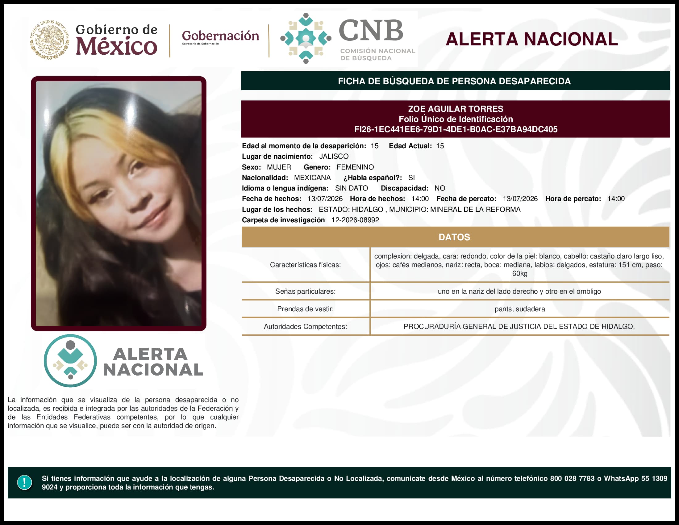Persona desaparecida Zoe Aguilar Torres