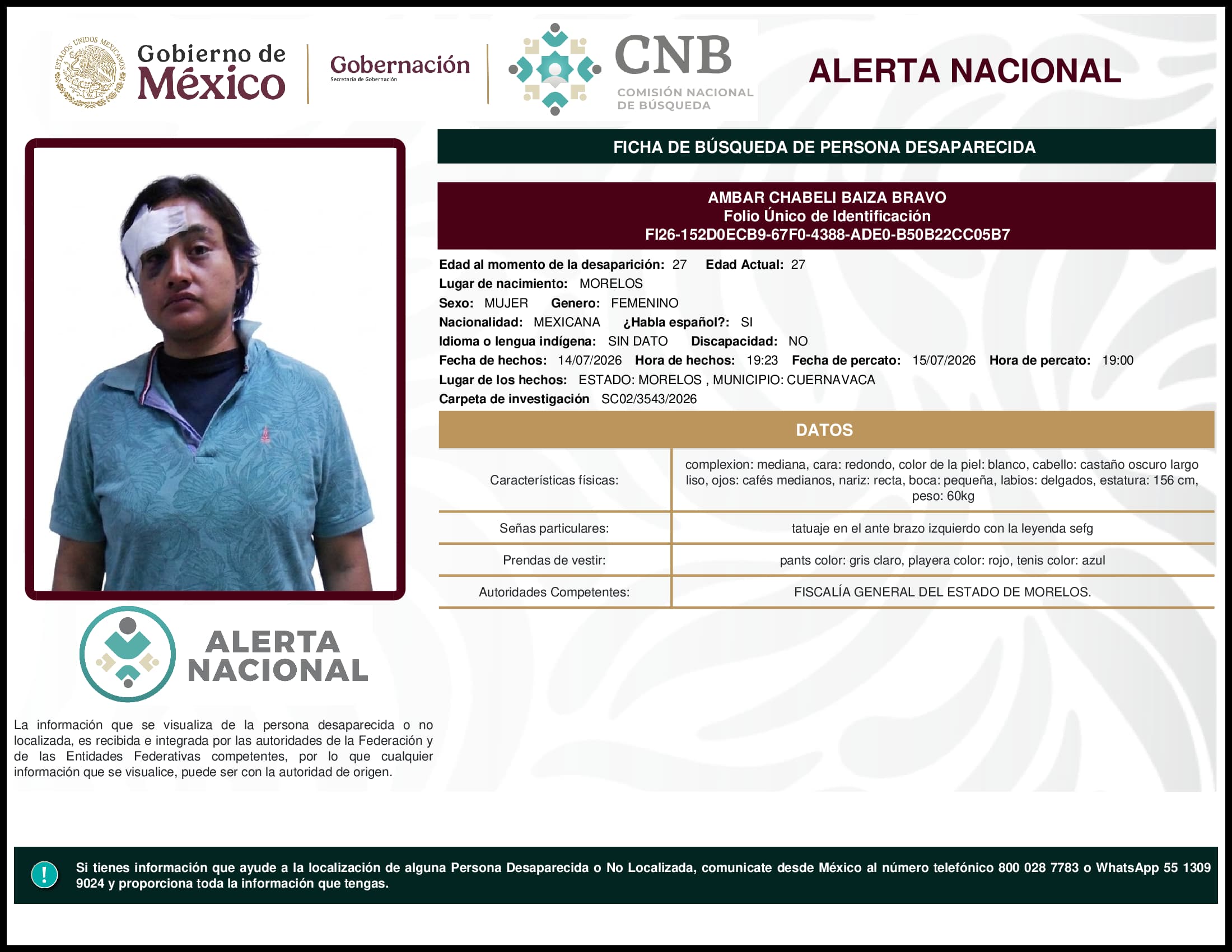 Persona desaparecida Ambar Chabeli Baiza Bravo