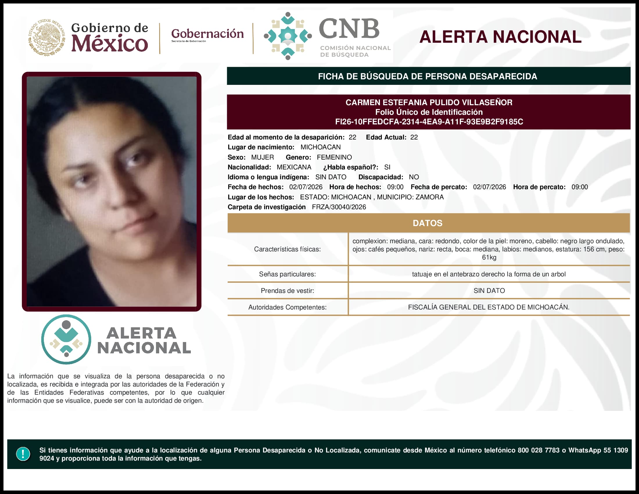 Persona desaparecida Carmen Estefania Pulido Villasenor