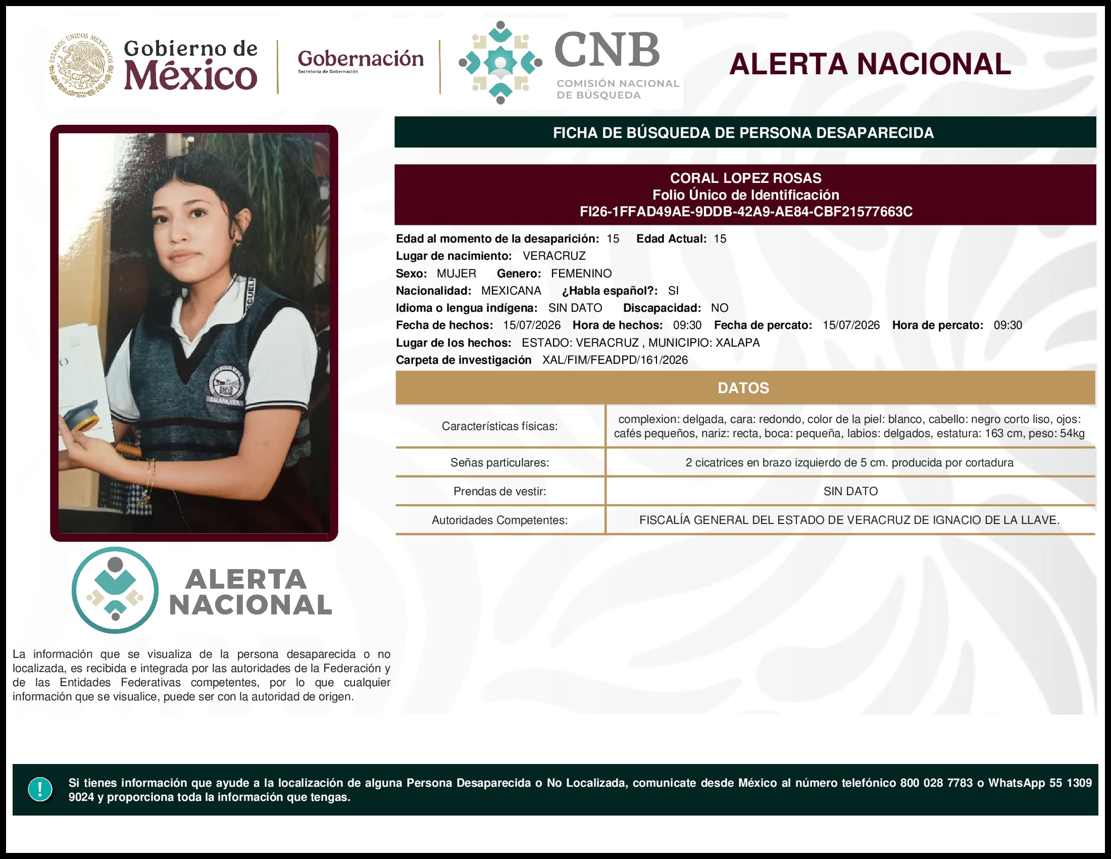 Persona desaparecida Coral Lopez Rosas