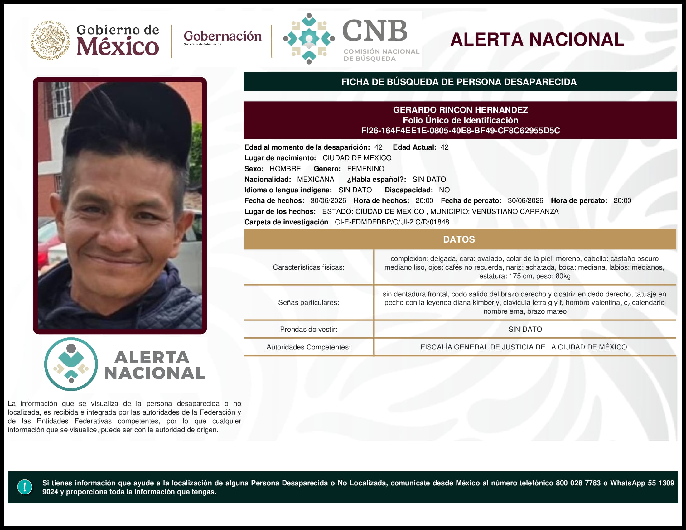 Persona desaparecida Gerardo Rincon Hernandez