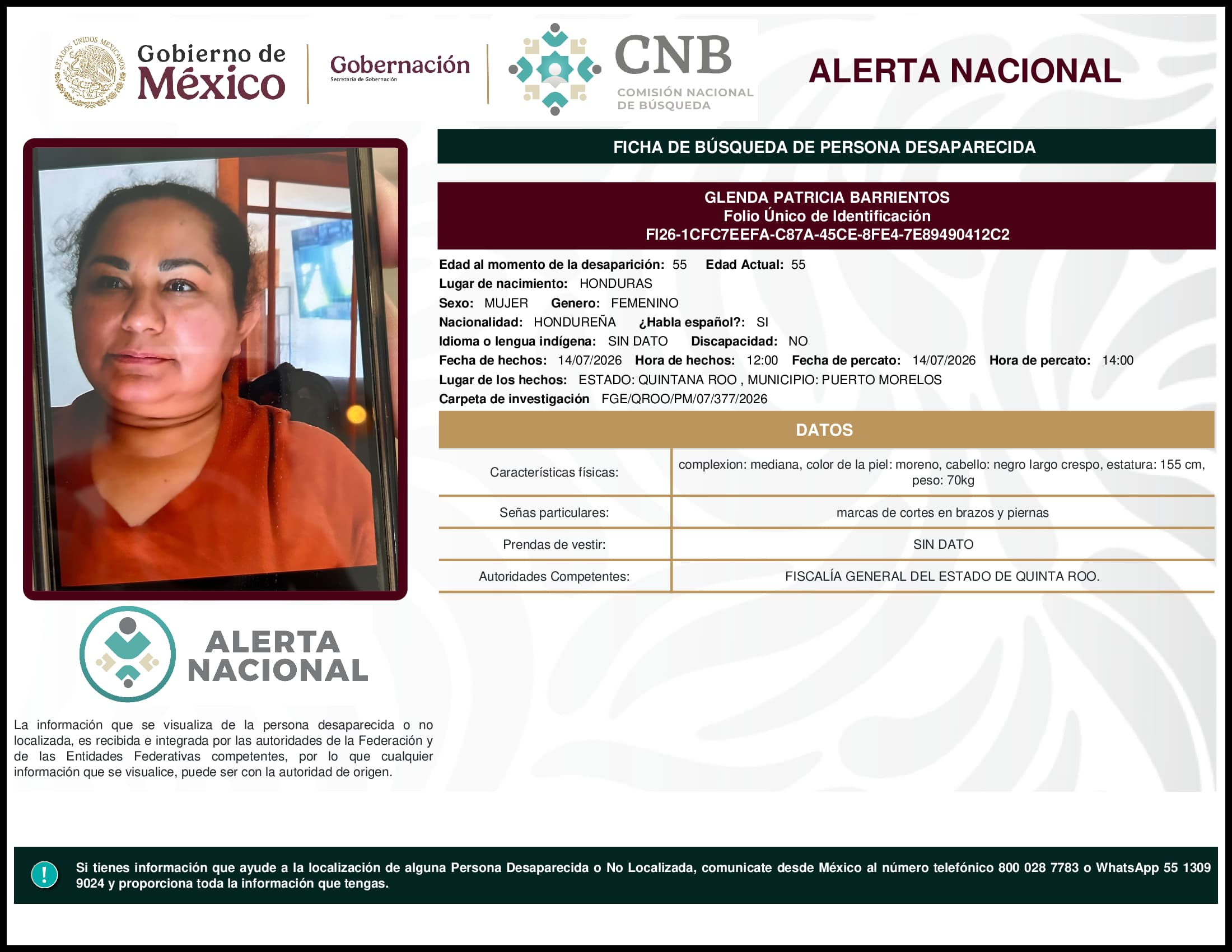 Persona desaparecida Glenda Patricia Barrientos