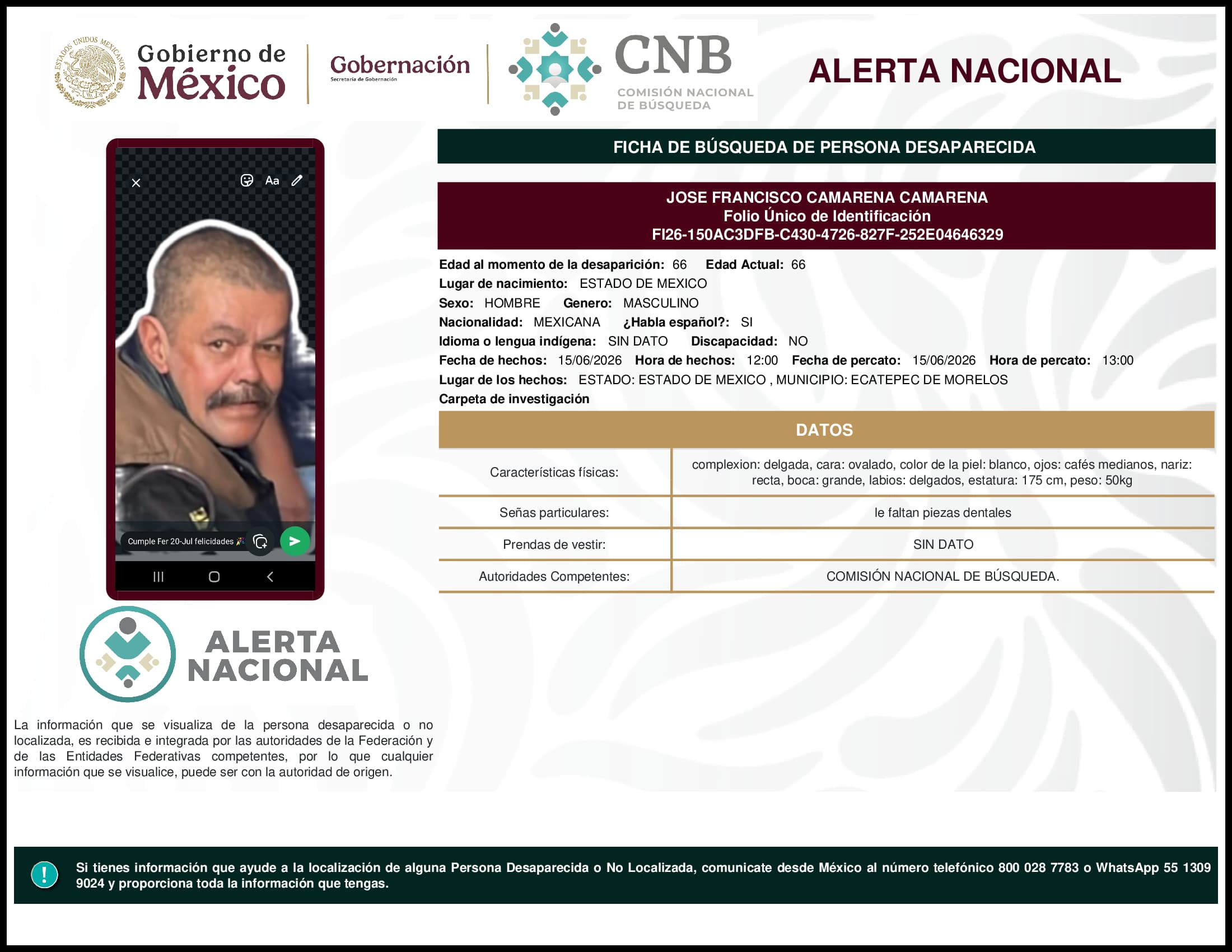 Persona desaparecida Jose Francisco Camarena Camarena
