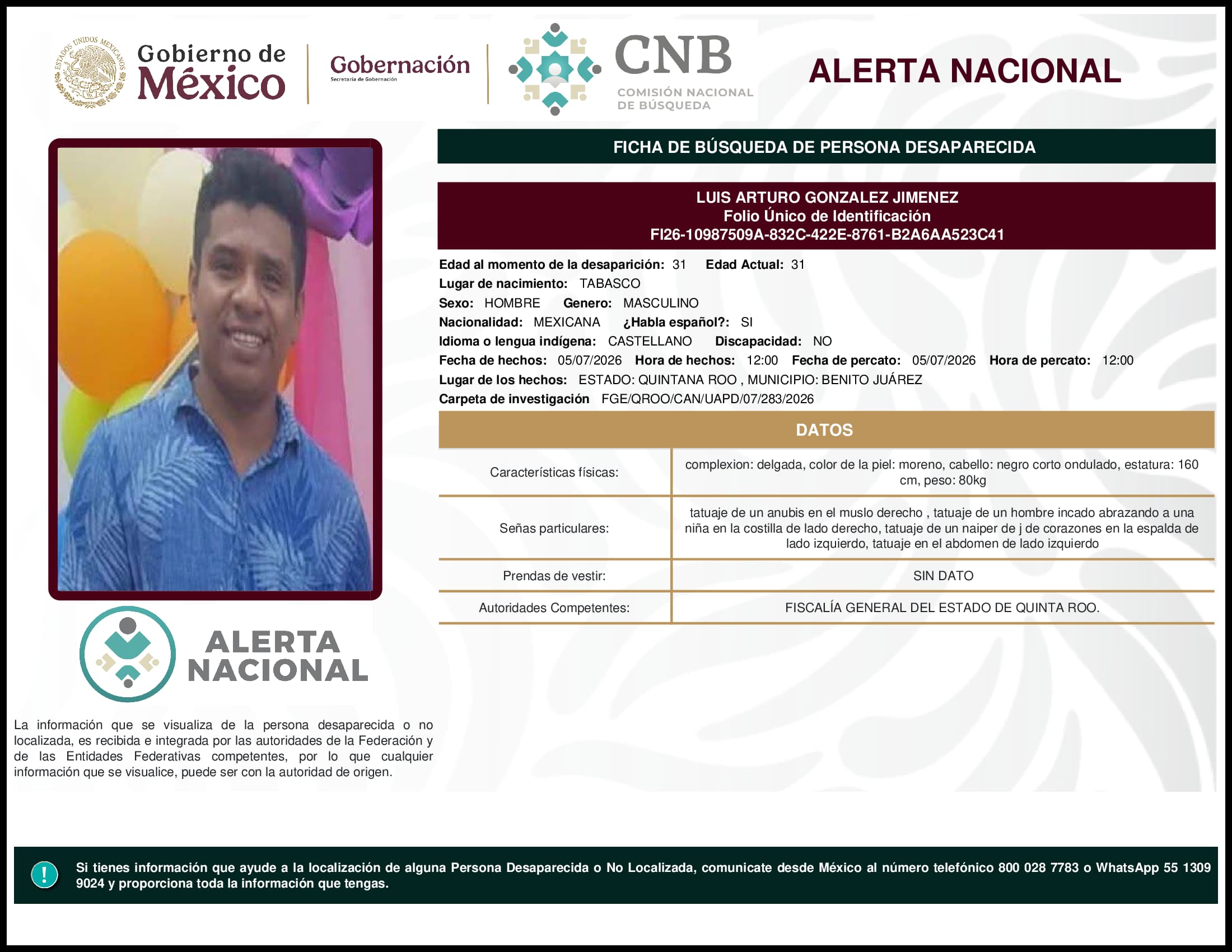 Persona desaparecida Luis Arturo Gonzalez Jimenez