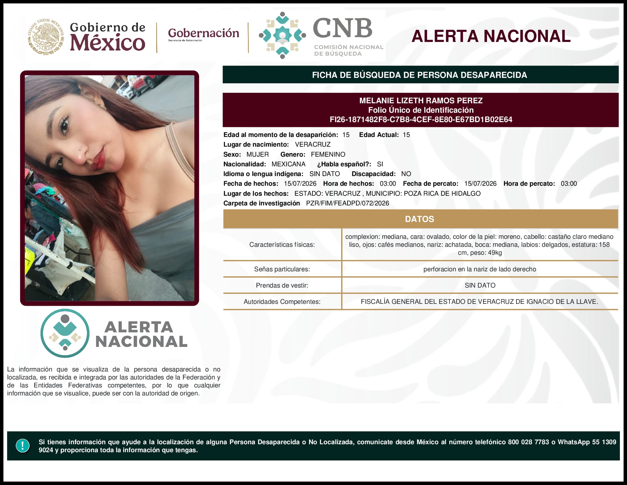 Persona desaparecida Melanie Lizeth Ramos Perez