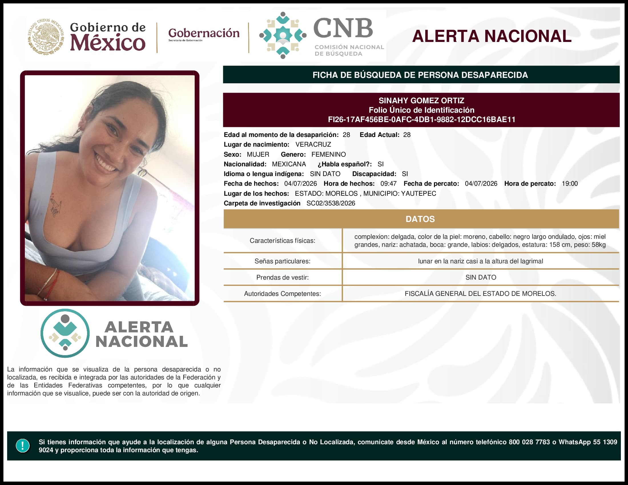 Persona desaparecida Sinahy Gomez Ortiz