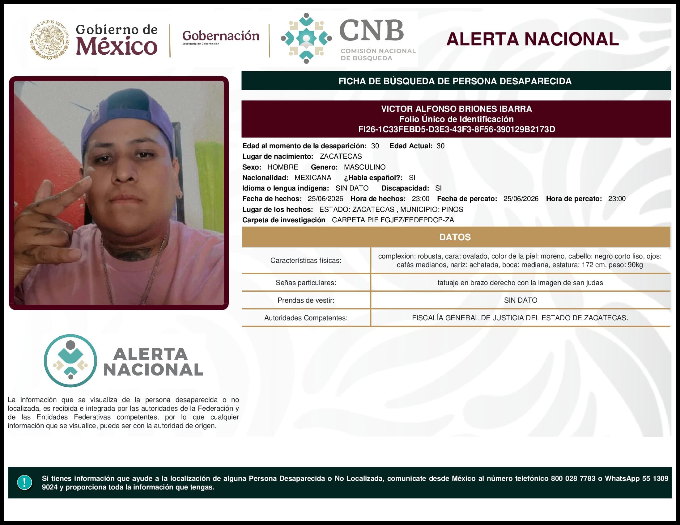Persona desaparecida Victor Alfonso Briones Ibarra