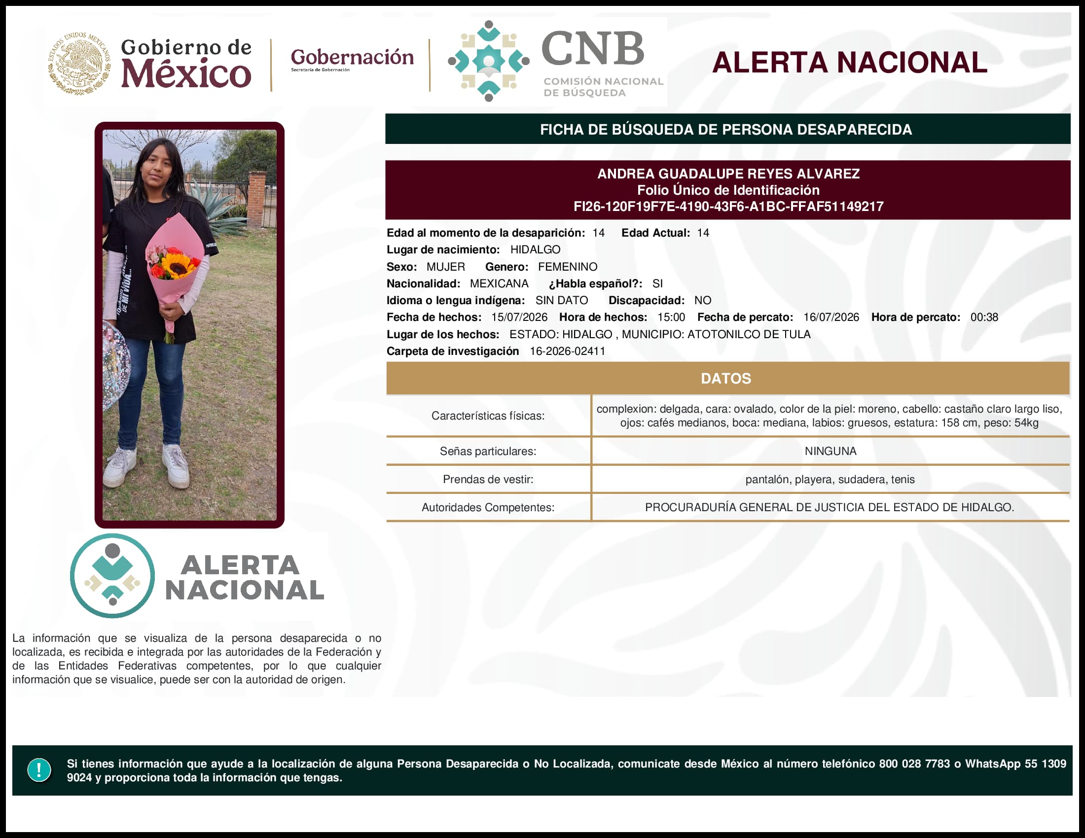 Persona desaparecida Andrea Guadalupe Reyes Alvarez