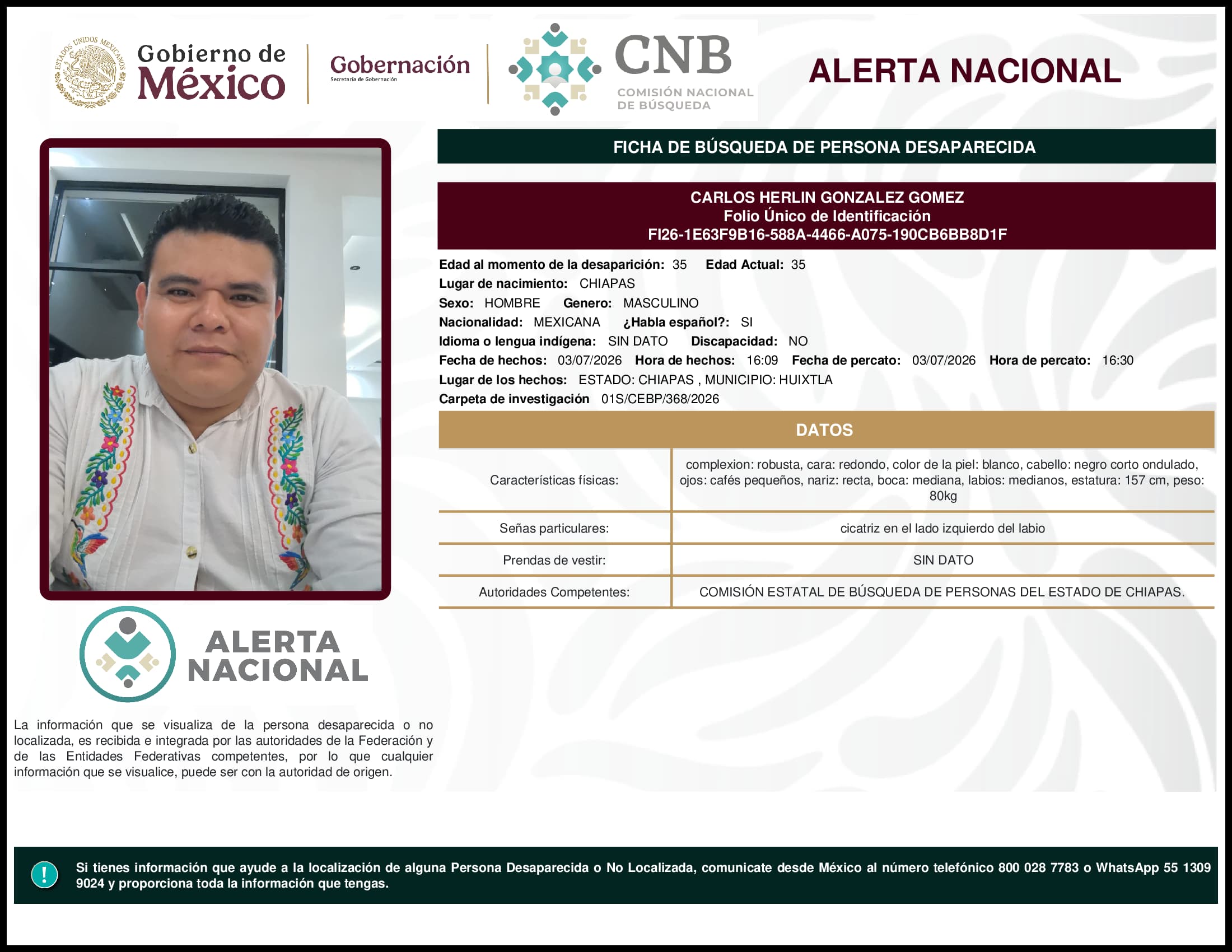 Persona desaparecida Carlos Herlin Gonzalez Gomez