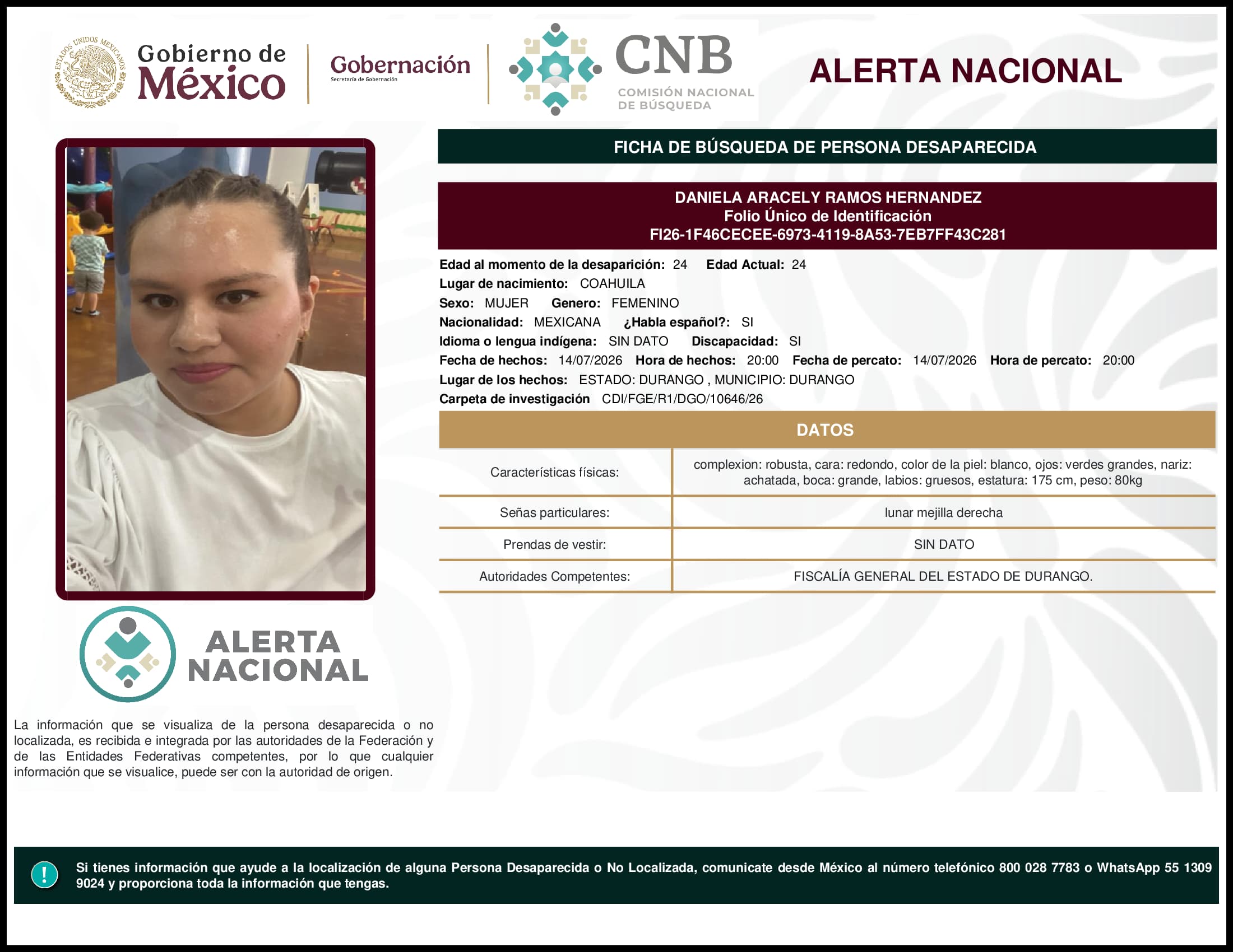 Persona desaparecida Daniela Aracely Ramos Hernandez