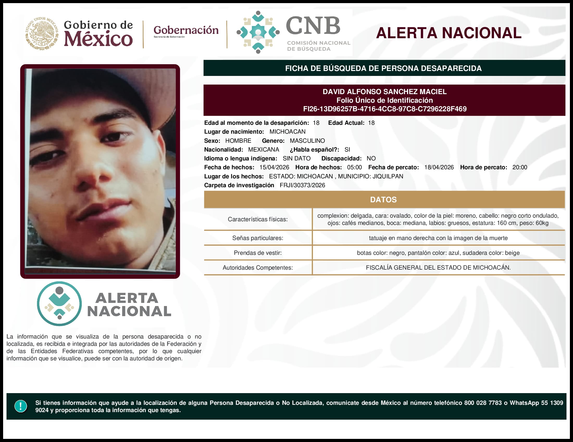 Persona desaparecida David Alfonso Sanchez Maciel