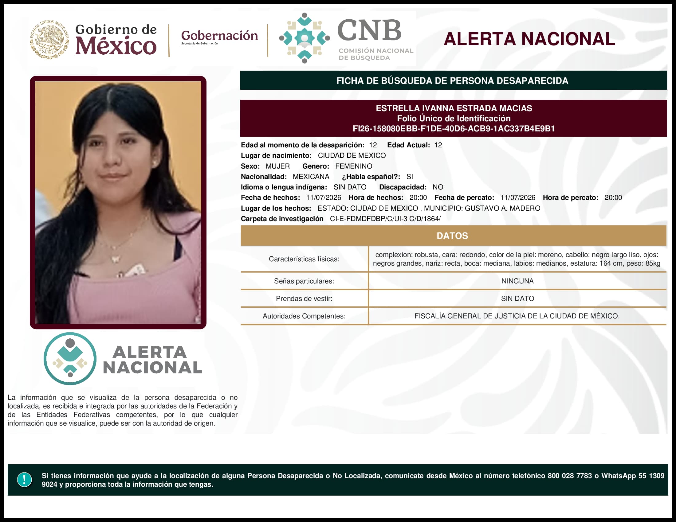Persona desaparecida Estrella Ivanna Estrada Macias