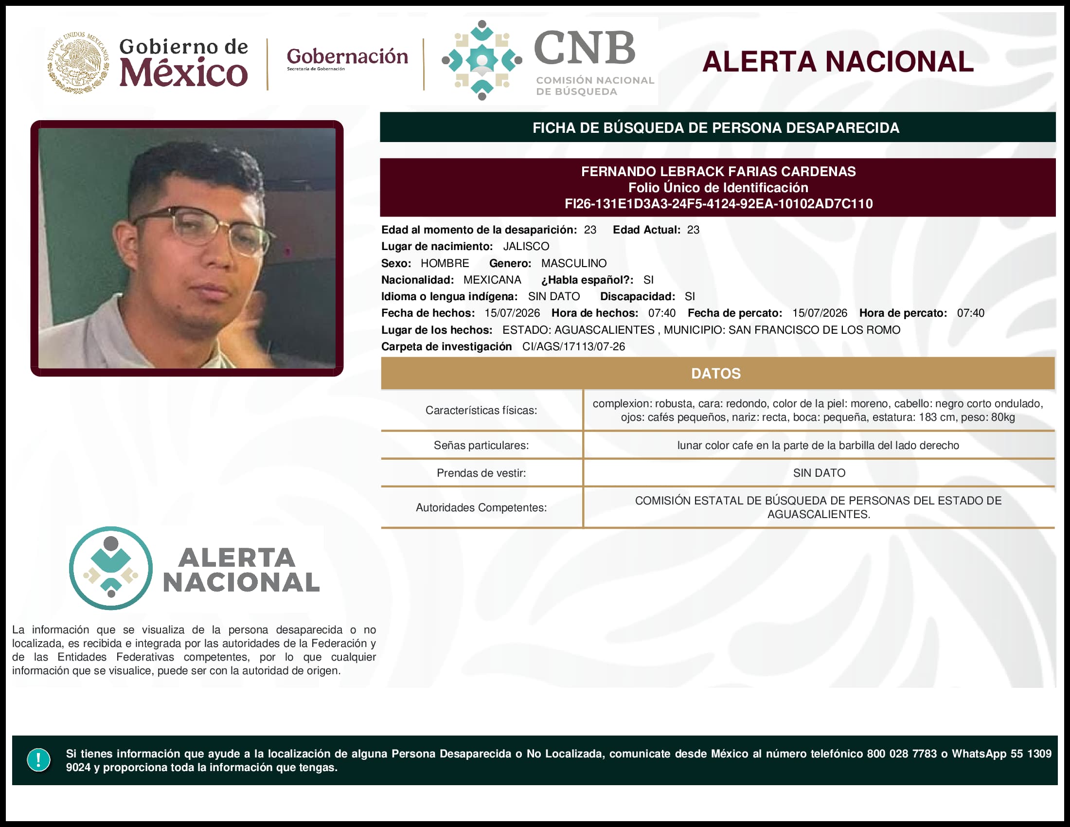 Persona desaparecida Fernando Lebrack Farias Cardenas