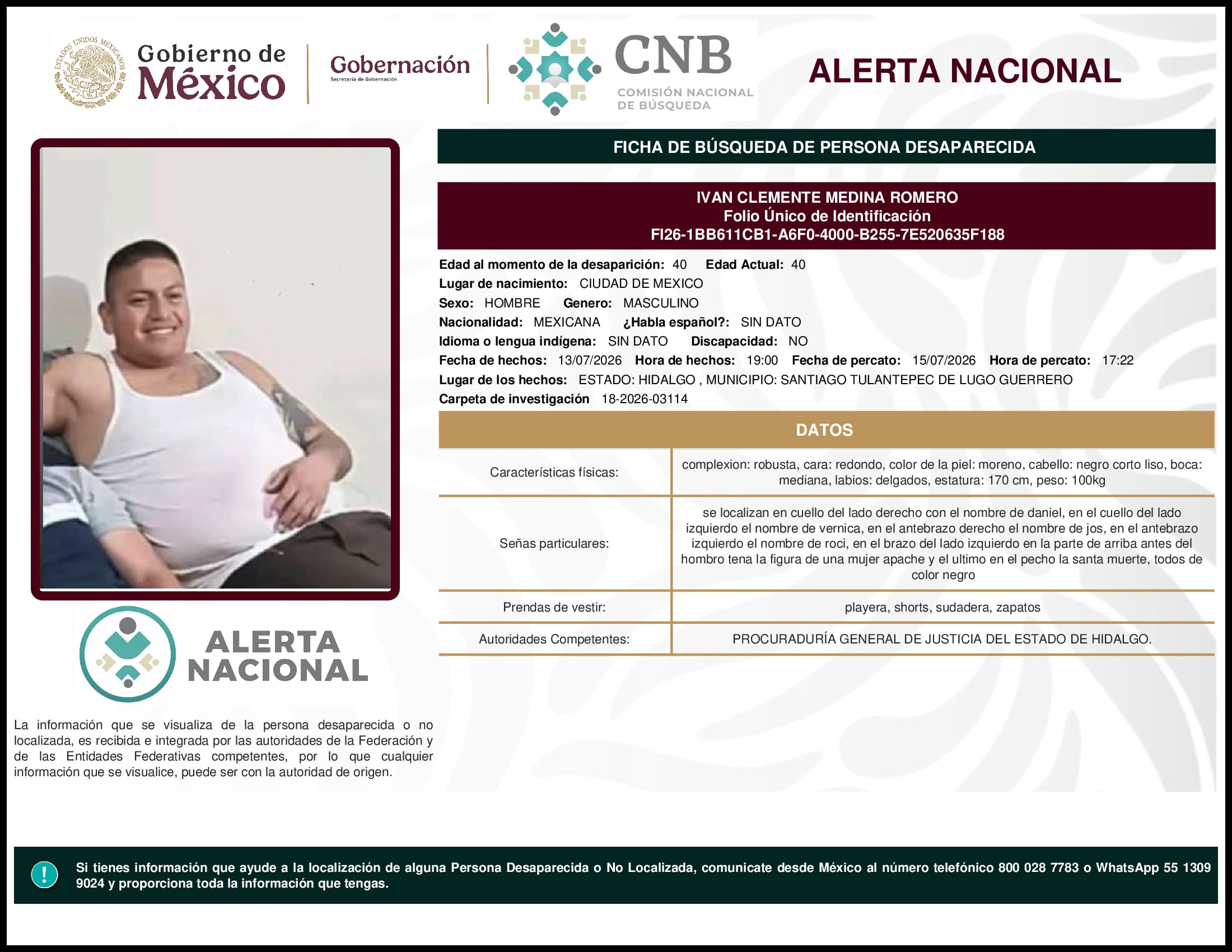 Persona desaparecida Ivan Clemente Medina Romero